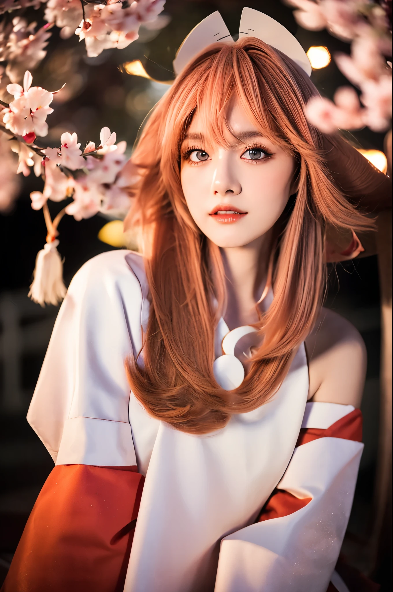 1 Girl, Ultra High Resolution, (Realism, Photo Realism: 1.48), Ometosa, 1girl, Cute, Bokeh, Night, Professional Lighting, Detail Lighting, Photon Mapping, Telemetry, Physically Based Rendering, Backlight, Depth of Field, Hard Focus, Film Grain, One Meter Shooting Distance, Professional Shooting, Detailed Eyes, Realistic Eyes, Detailed Shadows, Look on Viewer, Dog Ears, Detailed Lighting, (detailed hair, realistic hair, realistic lighting, realistic shadows, realistic costumes), realistic skin, realistic light reflection from above, sexy, night, cherry blossoms, full body, Japanese shrine