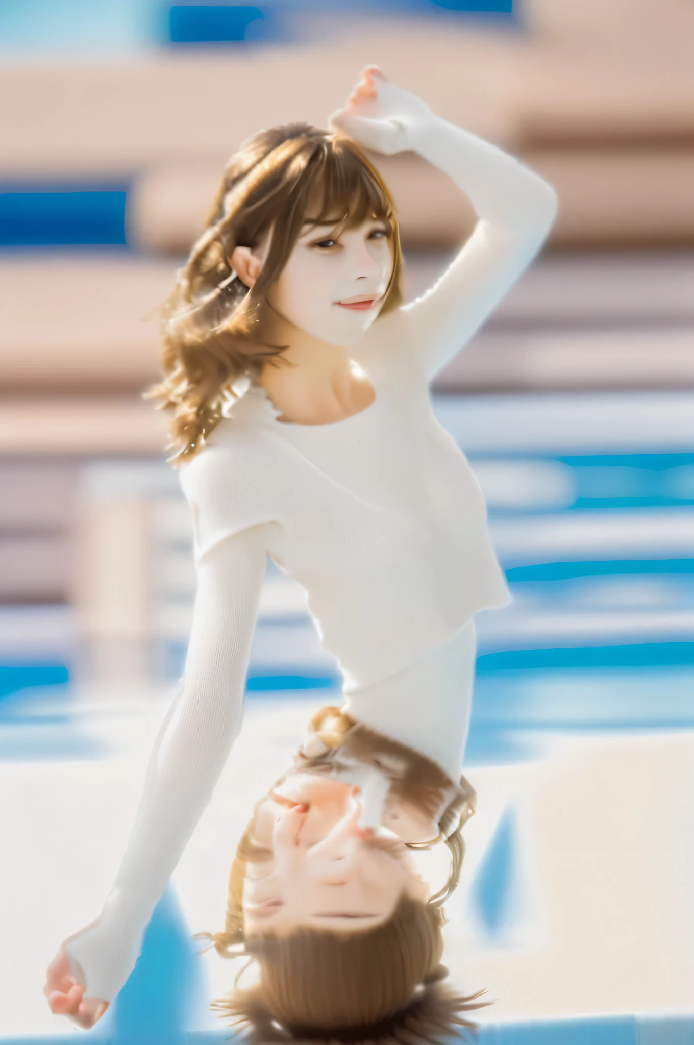 face to face with the children_v1, highest quality, realistic, 8K, High resolution, 1 girl, woman, (skin dents), (portrait:0.6), nice, dynamic pose, ((poolsidebackground:1.6)), Palm tree, ((mediumsize roundbreast, White High Neck Sweater:1.4)), Look straight at your audience:1.8, (1 girl eyes looking at viewer, medium length hair,  brown hair, parted bangs:1.65), (Bokeh), smile:1.2, (closed mouth:1.16), 