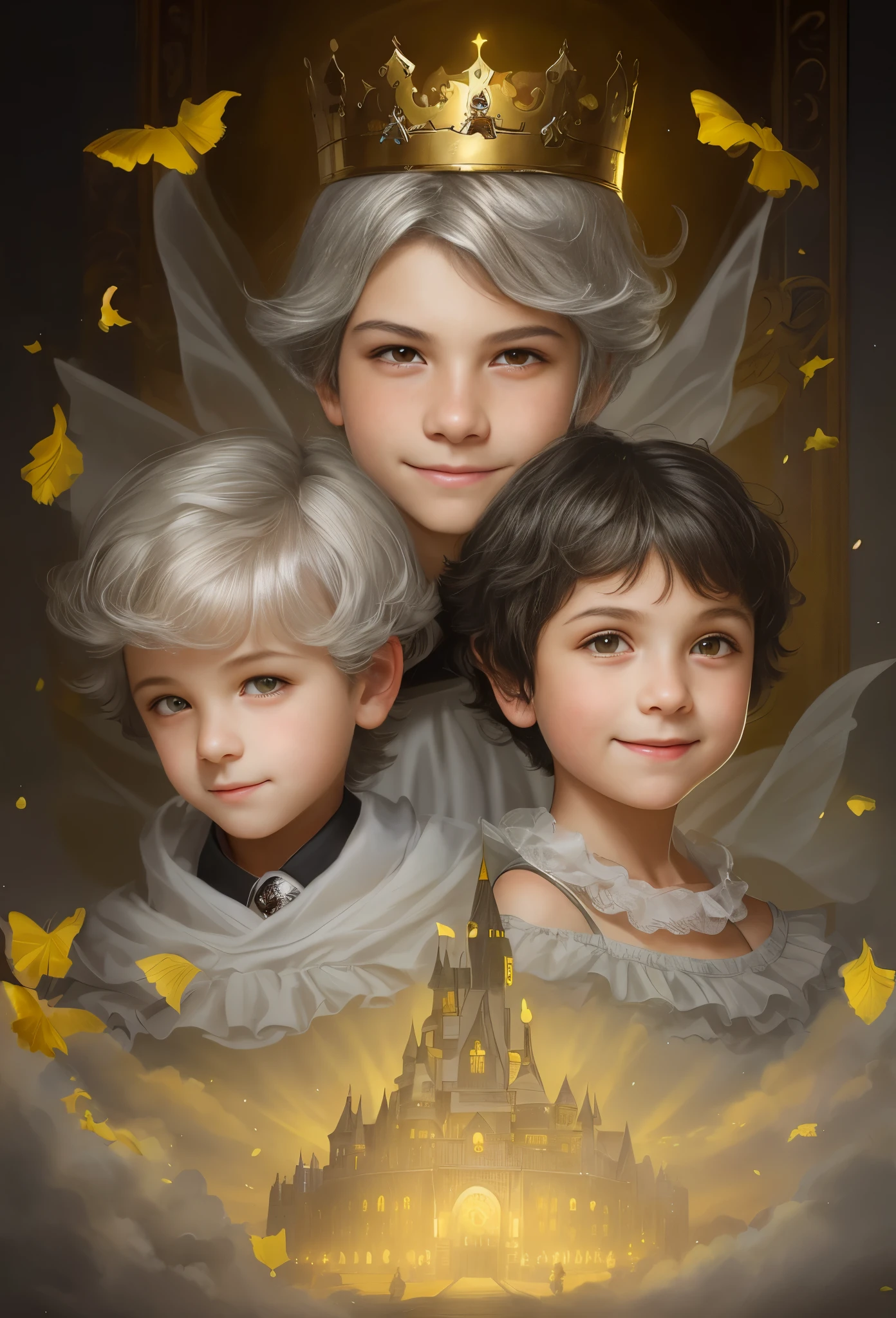 High resolution, portrait, boy and girl with dark hair, , light gray hair, short haircut, yellow eyes, smile, crown, portrait, ballroom in the background, realism, fantasy
