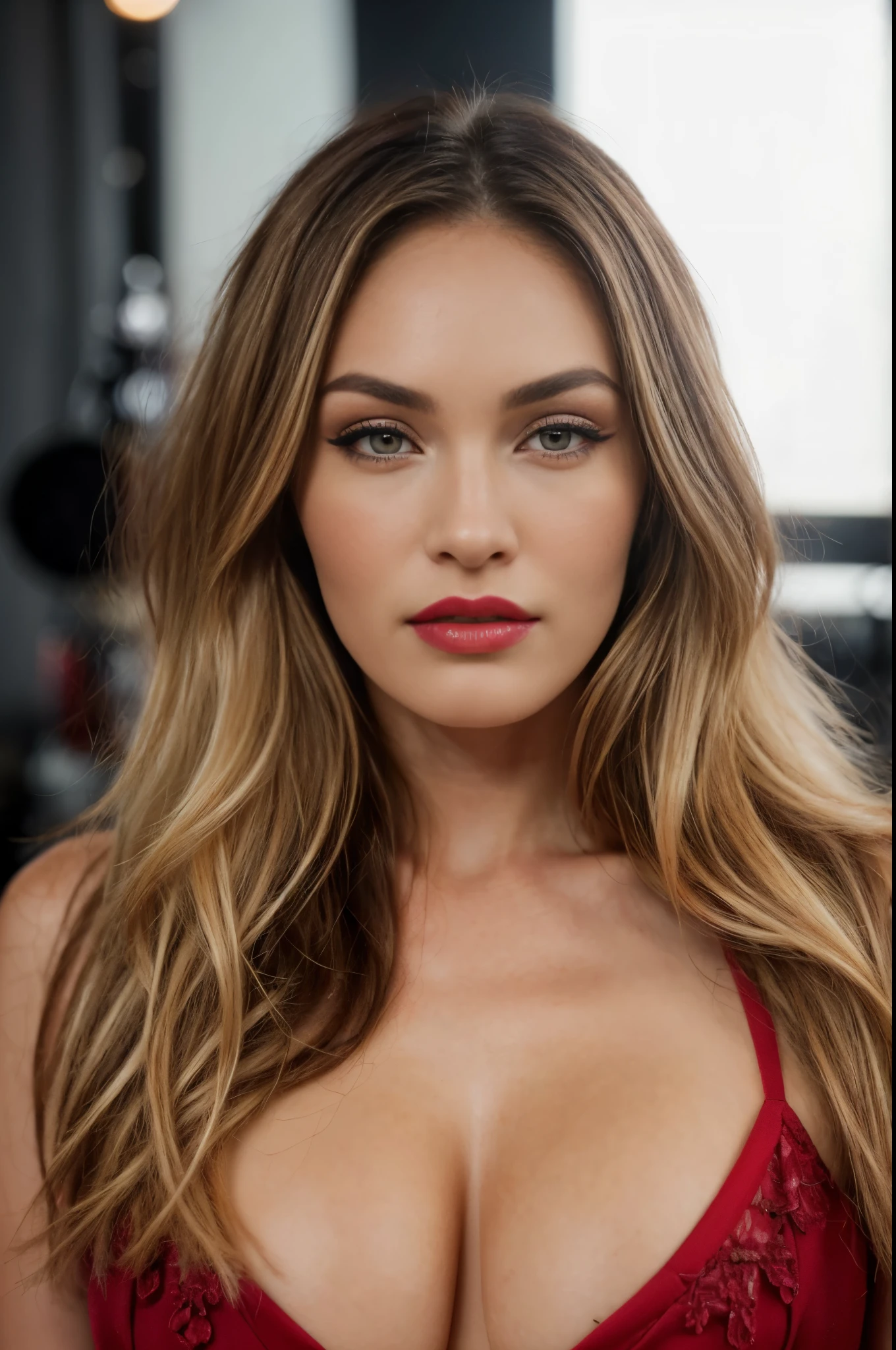RAW uhd closeup portrait of a 24-year-old blonde, natural blonde hair, locks, wavy, (brown-eyed woman) in an audio studio ,medium breasts, (red dress), detailed (textures!, hair!, brightness, color!, imperfections:1.1), highly detailed bright eyes, (looking at the camera), specular lighting, dslr, ultra quality, sharp focus, sharp, dof, film grain, (centered), Fujifilm XT3, crystal clear, center of frame, cute face, sharp focus, light pole, neon lights, bokeh, (dimly lit), low key, red lipstick, soft devil queen megan fox, lips of megan fox, blonde and attractive features, blonde hair and brown eyes, sexy lips :5 stylish, blonde hair brown eyes, (Looking straight at camera), ((face straight towards the camera)), (big lips), (BIG lips), (Looking straight at camera), (makeup:1.4), (Intricate Detail, Hyper-Detailed:1.1), sexy face with full makeup, jaw-dropping beauty, sexy red lips, sexy lips :5 stylish, thick red lips