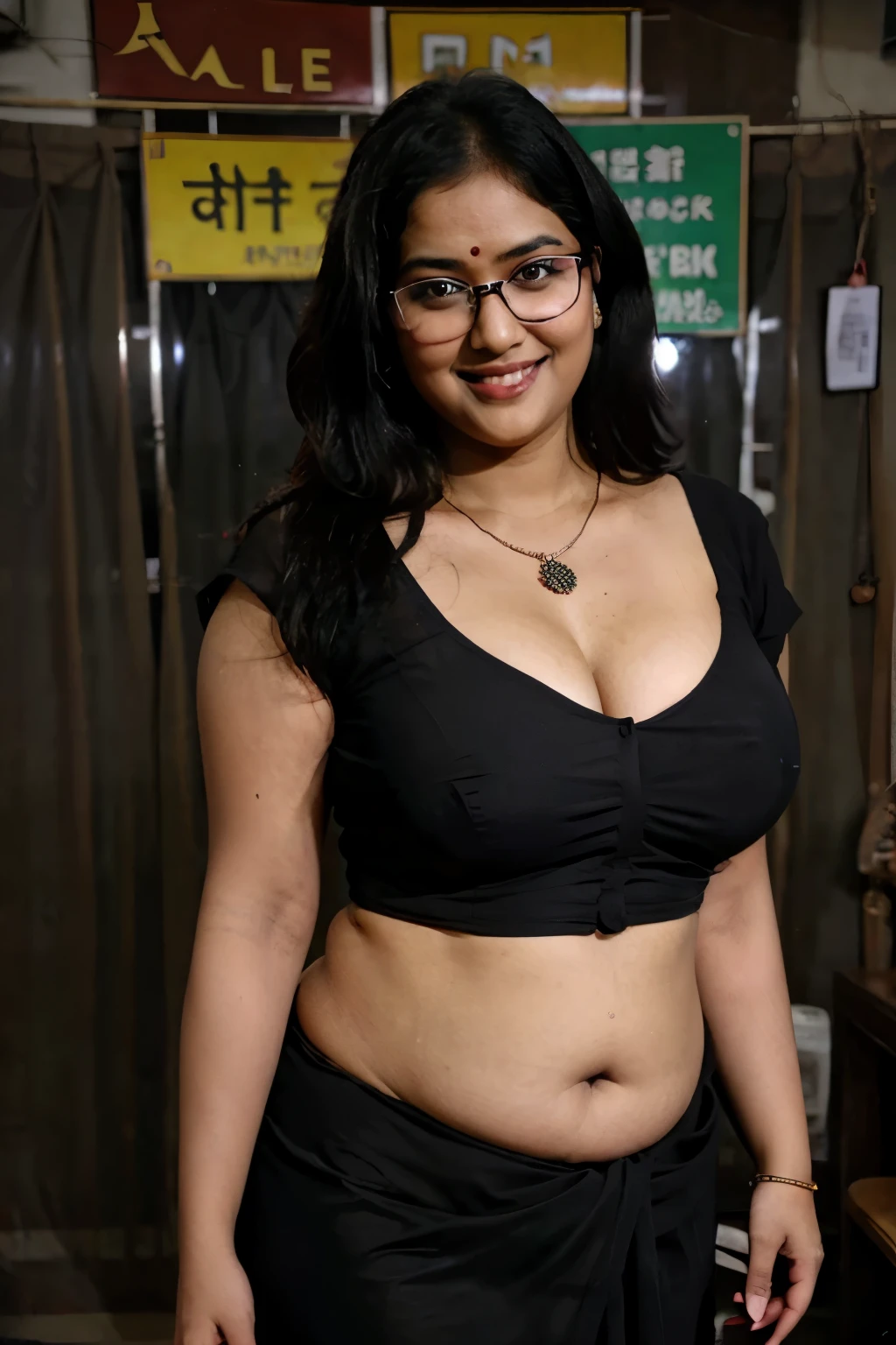 (RAW) Indian woman wearing black saree (blouse, petticoat), 20 years old, (chubby cheeks:1.1), (curvy body:1.2), (eyeglasses), (bindi), (vermilion), An Indian beauty, charismatic, dark-skin, view the viewer, naughty smile, Indian slums