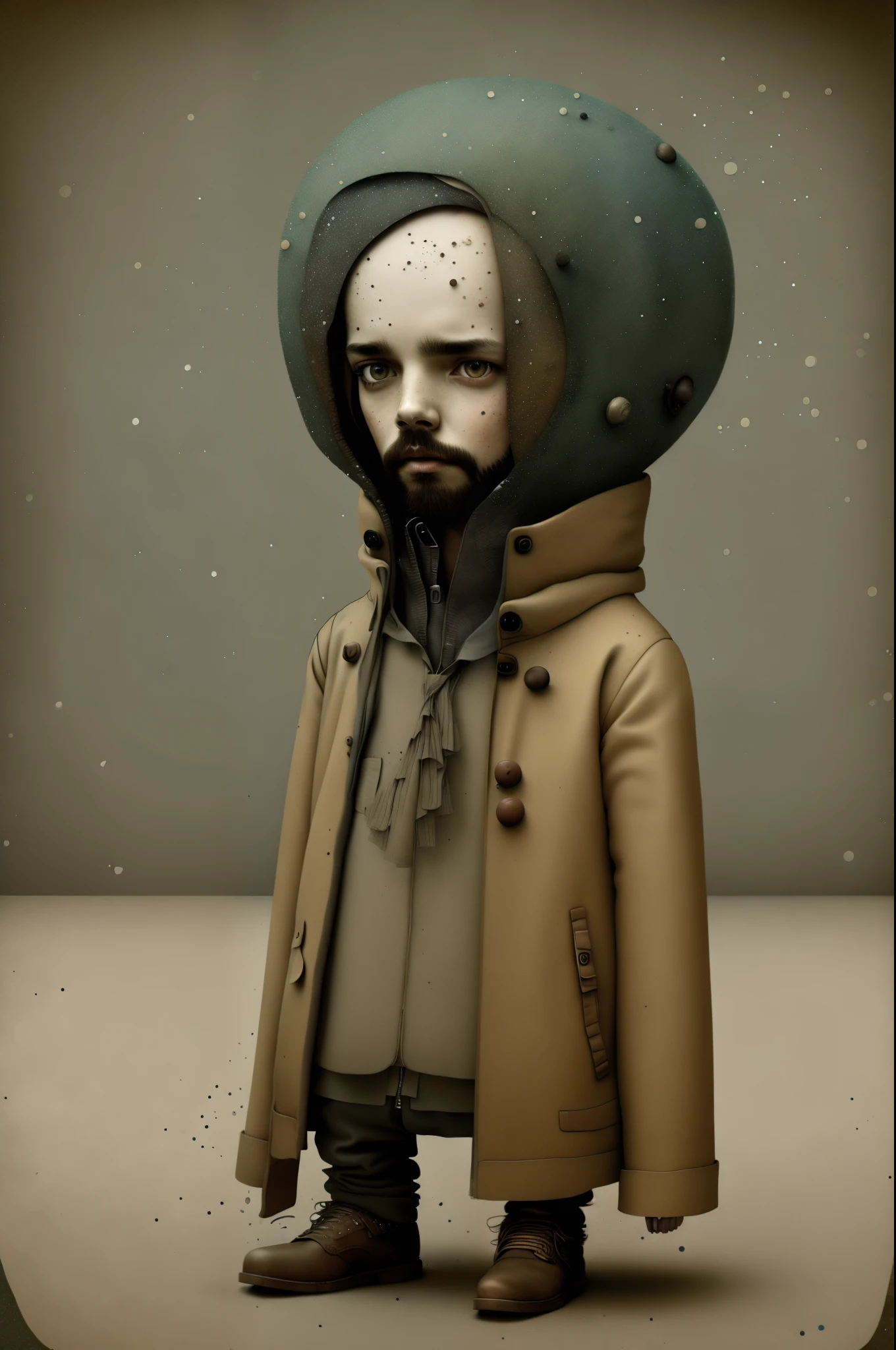 retro style boy, ５age、short hair、earth color, punk, Happy, Optimistic, don hertzfeldt, Hieronymus Bosch, Gabriel Pacheco、cute、Charm that people like