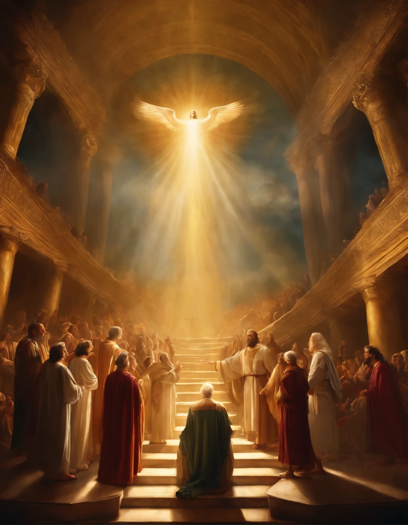 Crie uma imagem realista ,  where an older man is raptured to heaven and finds the throne of God. the image needs to reflect the passage in the Bible where Paul describes his rapture.