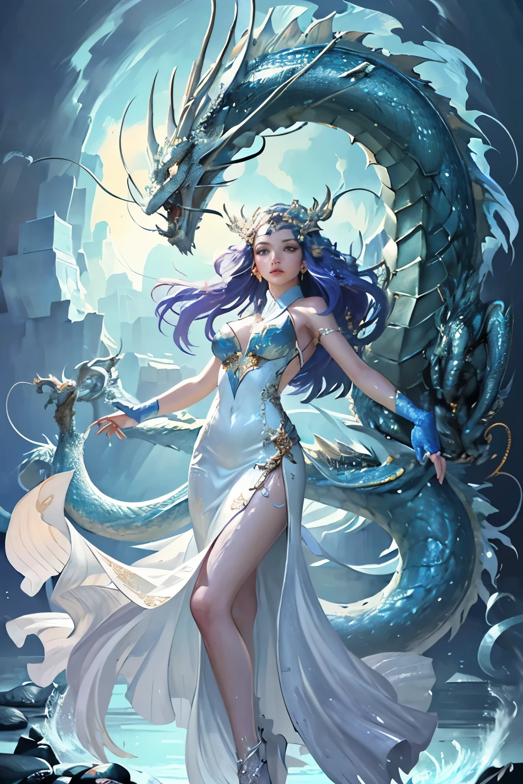 A girl, clad in a flowing, elegant gown, dances gracefully with a majestic China dragon in an exquisitely detailed and colorful image. The dragon's scales shimmer and glint in the warm, soft lighting, its eyes filled with wisdom and gentle curiosity as it moves in perfect harmony with the girl. Her long, flowing hair cascades around her, catching the light in a beautiful and aesthetic display. The delicate, intricate patterns of the dragon's body are accentuated by the contrasting background, creating a stunning, official art piece of the highest quality. The unity and interplay between the girl and the dragon exude a sense of unity and harmony, making for a breathtaking