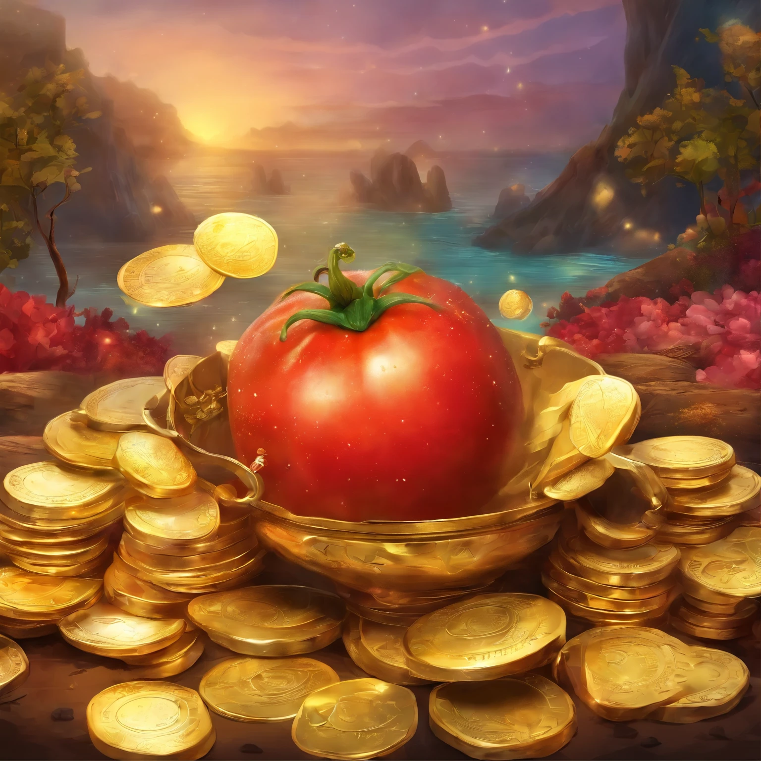 Uma imagem fotorrealista de ((cenoura, tomate)), with shell give gold, cercada de pepitas de ouro, diamantes, hundred dollar bills and precious stones, palheta de cores vibrantes, multicoloridas, imagem de fundo cor de ouro, the plantation is inside a large gold mine, incluir o ((texto)) em destaque no alto da imagem ((“MY COST IS THE WEIGHT OF GOLD”))caixa alta, cores vermelho