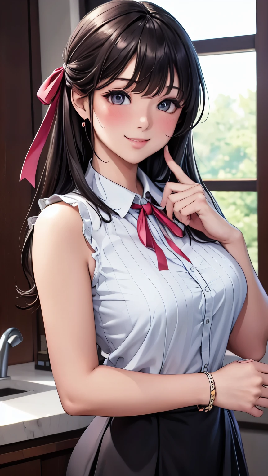 (masterpiece:1.2, top-quality), (realistic, photorealistic:1.4), beautiful illustration, NSFW, 
looking at viewer, cowboy shot, front view:0.8, 
1 girl, japanese, high school girl, black hair, (long hair:1.5), (half up, half updo), bangs, hair between eye, blue eyes, large breasts:1.0, (thick thighs), 
beautiful hair, beautiful face, beautiful detailed eyes, beautiful clavicle, beautiful body, beautiful chest, beautiful thigh, beautiful legs, beautiful fingers, 
(beautiful scenery), dawn, bright and refreshing girl's room, curtains, sittng bed, 
((collared short sleeve shirt, white shirt, grey plaid pleated skirt, blue plaid bow tie, private school uniform:1.2)), white panties, 
(swollen), ((seductive posture: 1.2, attractiveness: 1.2)), (idle),
(erotic,sexy, upper eyes, smiling smile: 1.2), shiny skin, open mouth, (put her finger on one's lips), 
perfect face, cute and symmetrical face, natural side lighting, movie lighting),