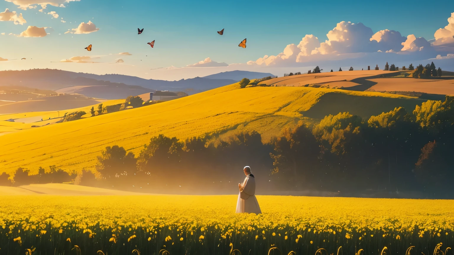 Visualize a bountiful harvest scene, with fields of golden wheat stretching into the distance under a clear blue sky. In the center of the scene, a figure stands with head bowed in prayer, surrounded by baskets overflowing with fruits and vegetables. Above them, the words "I ask for Your blessing and provision in my life" shimmer in the air, carrying the prayer for abundance and prosperity. Around the figure, birds chirp joyfully and butterflies flit among the flowers, symbolizing the abundance of nature provided by the Creator. It's a scene of abundance and fertility, where the soul finds nourishment and sustenance in the gifts of the earth.