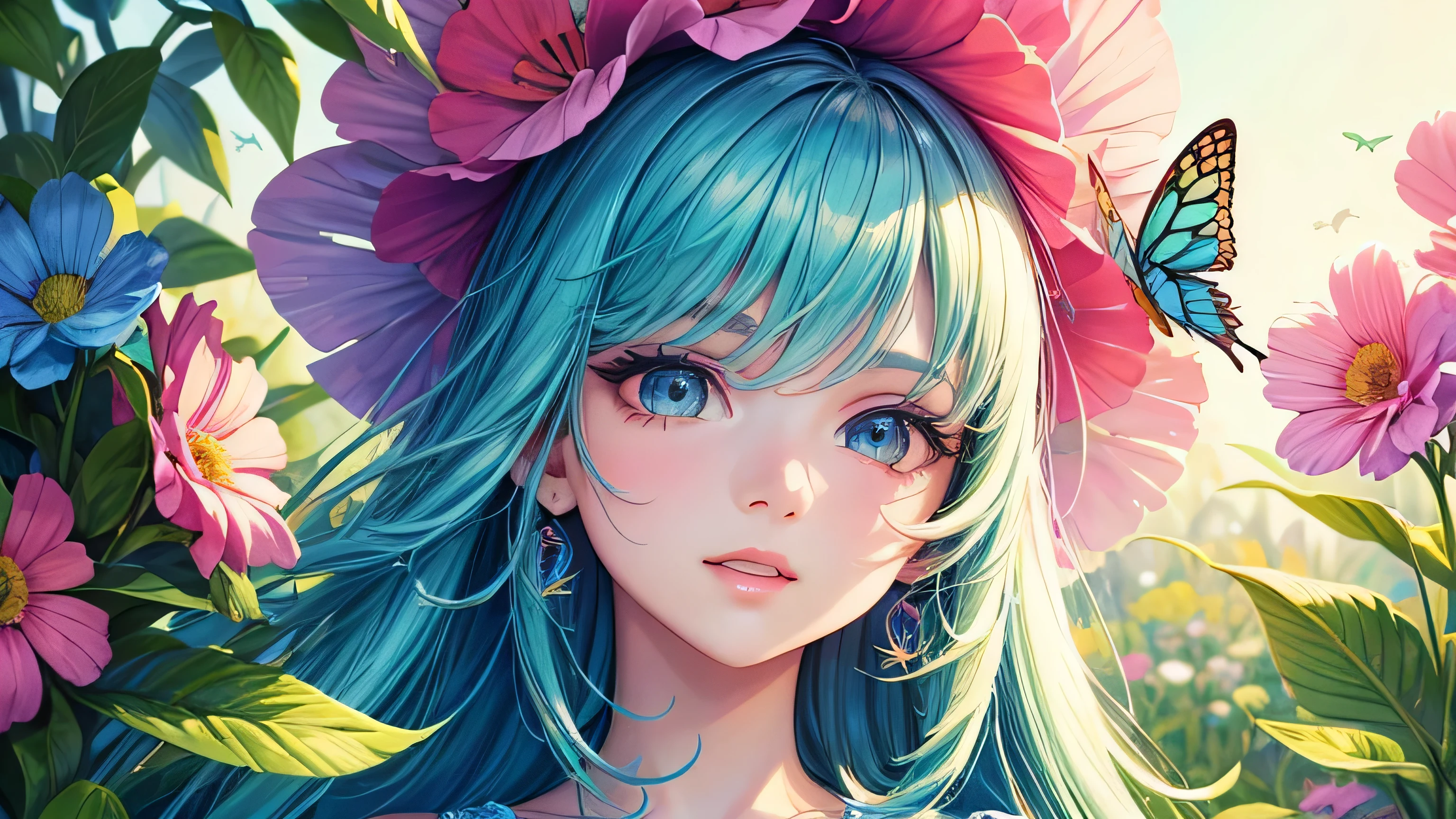 a girl in a colorful cartoon garden,illustration,green grass,colorful flowers,erflies flying,playful birds chirping,clear blue sky,bright sunshine,beautiful detailed eyes,beautiful detailed lips,extremely detailed face,long eyelashes,youthful appearance,joyful expression,[soft pastel colors],natural lighting.