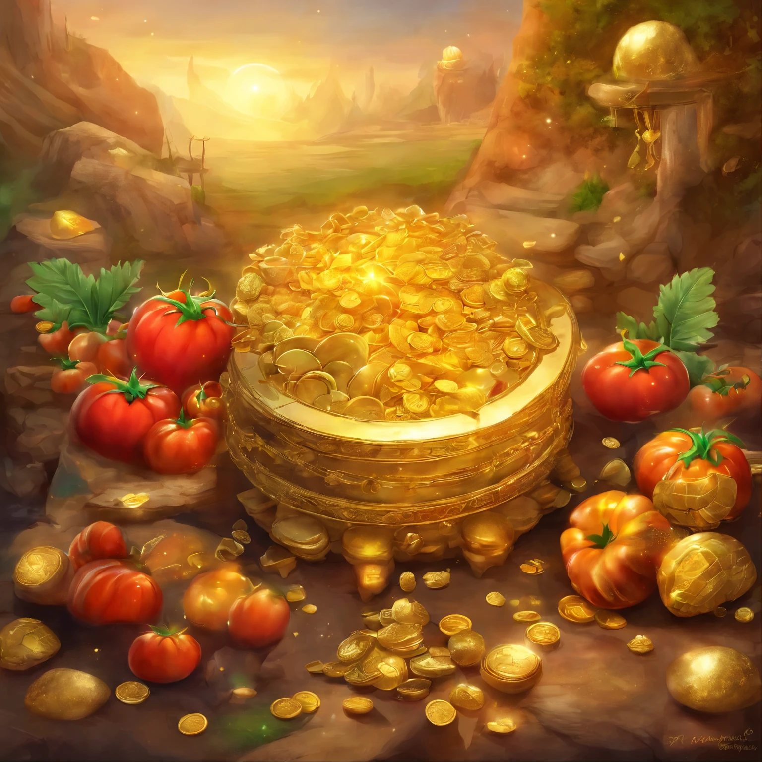 Crie um ((meme)), Uma imagem fotorrealista de ((cenoura, tomate)), with shell give gold, cercada de pepitas de ouro, diamantes, hundred dollar bills and precious stones, palheta de cores vibrantes, multicoloridas, imagem de fundo cor de ouro, the plantation is inside a large gold mine, incluir o ((texto)) em destaque no alto da imagem ((“MY COST IS THE WEIGHT OF GOLD”))