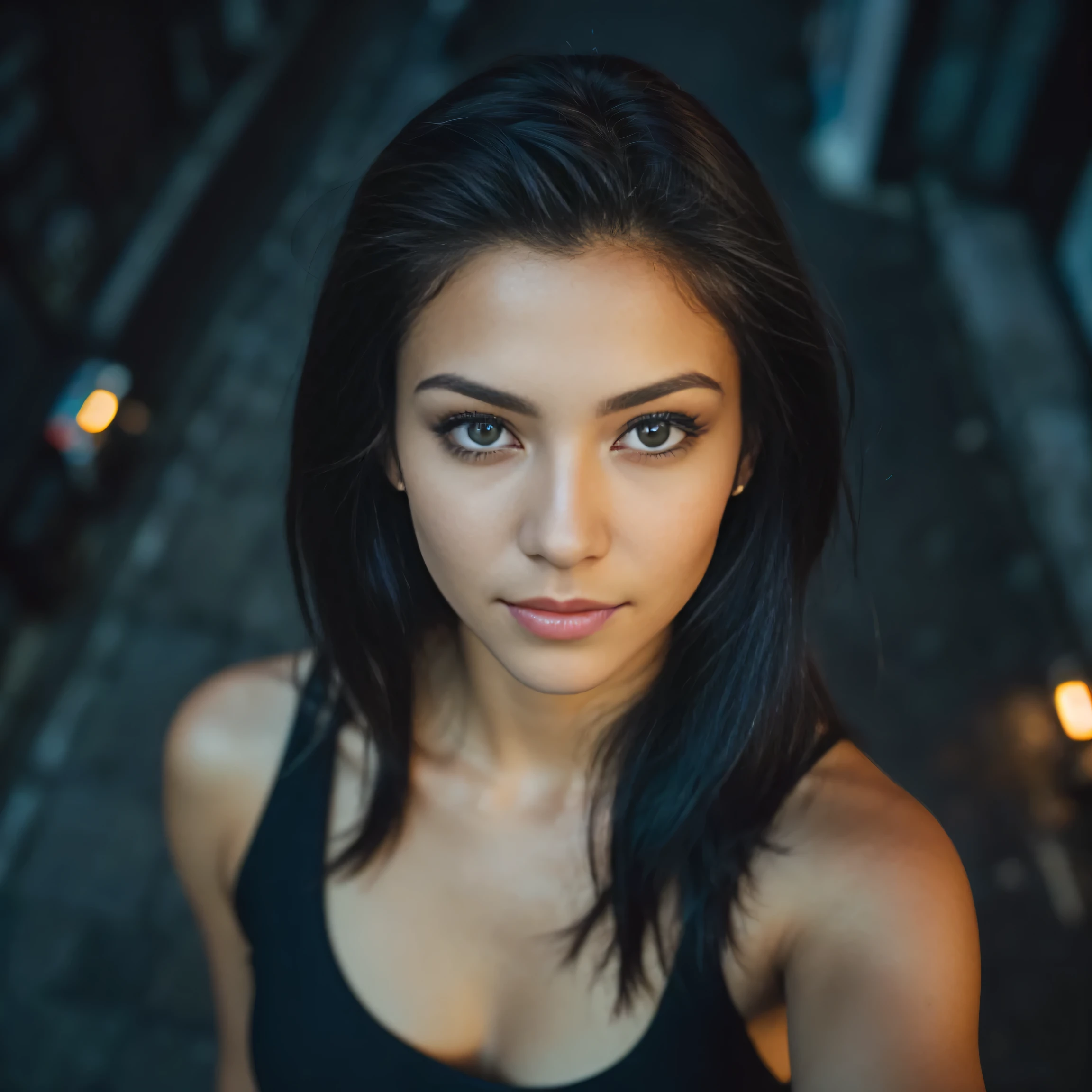 (Take a selfie, view from above: 1.4), (straight half of the torso: 1.4), Portrait photo of a 24-year-old French woman in RAW UHD format (Blue-eyed woman) Walk down the dark alley, night city, details (textures! , hair! , brilliant, color!! , imperfections: 1.1), very detailed shiny eyes (Looking at the camera), DSLR Lighting, SLR camera, Ultra-Quality, Sharpness, depth of field, detailing (City center), Fujifilm XT3, crystal Clean, The center of the frame, Beautiful face, Sharp Focus, street lamp, neon lighting, Hips (dimly lit), night time, (night sky), detailing пор кожи, oily skin, tan, Complex eye details