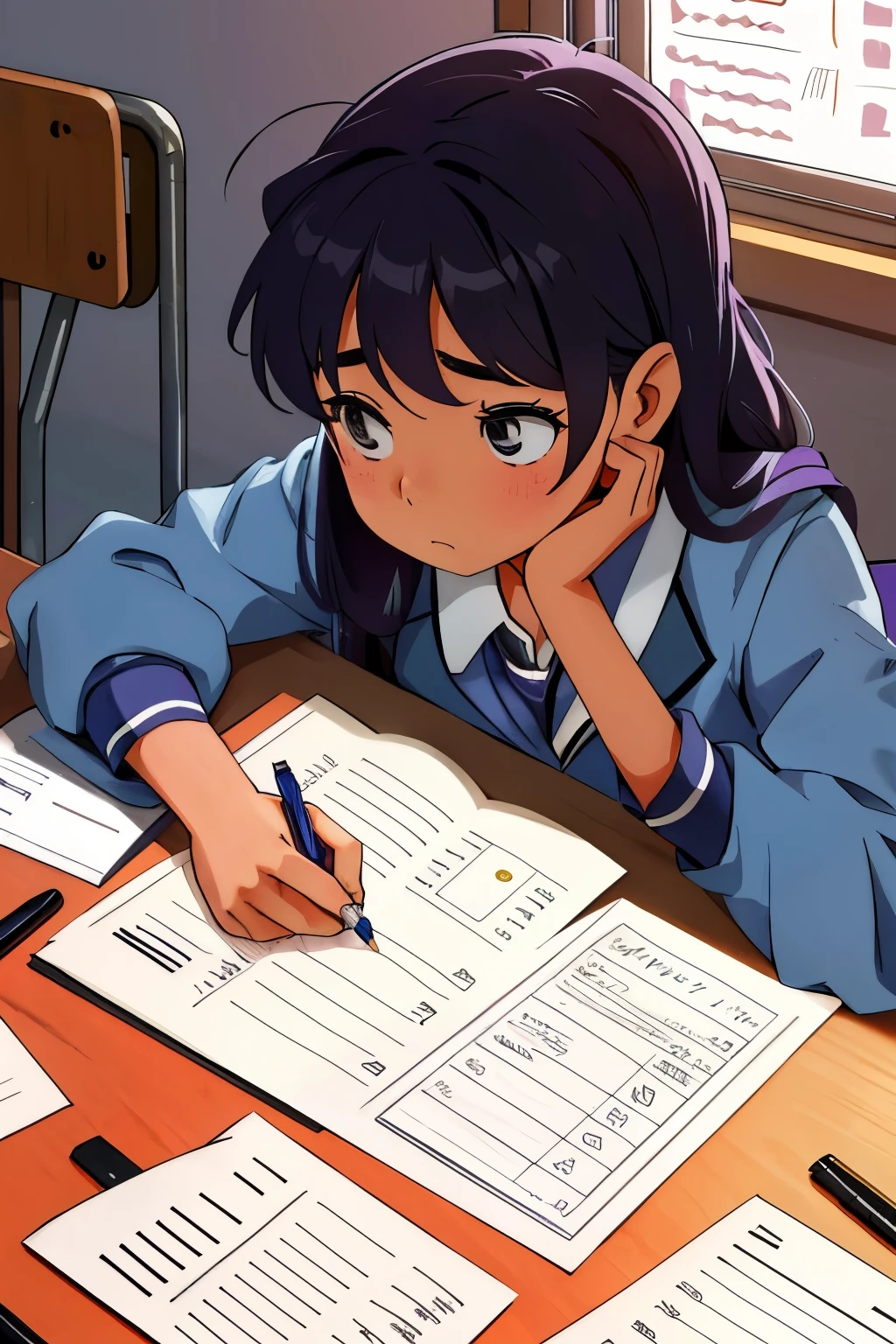 A girl desperately writes answers on an answer sheet in an exam hall