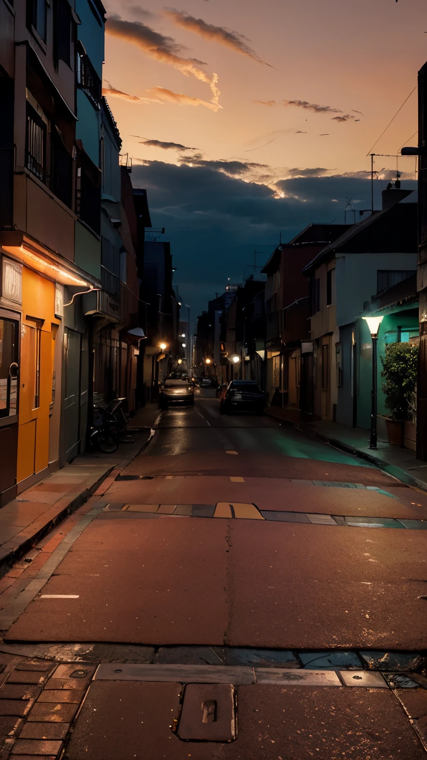 Create an image that shows an urban street at sunset, with the sky lit up in vibrant shades of orange and red, creating a spectacular setting. The street is paved and has parked cars and lampposts. The buildings on the left are darker, contrasting with the intense brightness of the sky. On the right there is a green building