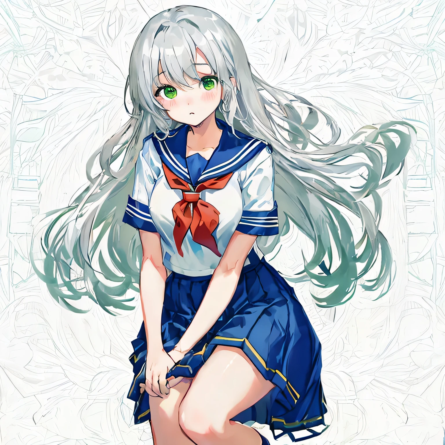 masterpiece, highest quality,shape,sailor suit,slanted eyes,straight hair,silver hair,side parted,super dense skin,calf white socks,surprised,beautiful and detailed eyes,blush,turn your arms behind your back,short sleeve shirt,green eyes,Plump : 1.3,Rear view,navy blue skirt,sitting,green panties,avert your eyes