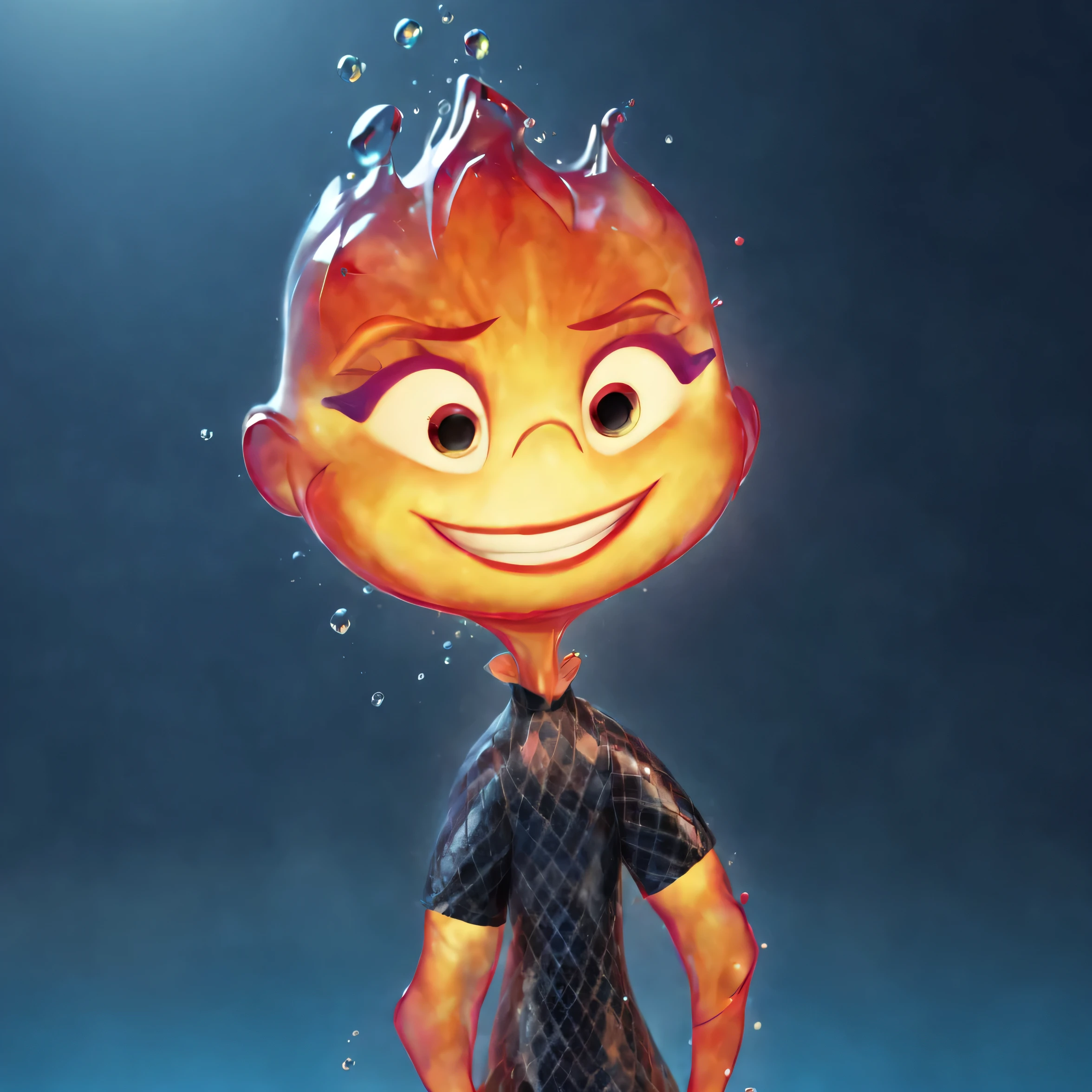 concept art portrait wade standing, cute wade, he is made of water, looking away, jelly texture, three quarters, short length body, digital artwork, cute wade face, wide happy smile, vivid water glossy texture, 3d render, glossy painting, highly detailed, blue background, high detailed water texture, blue rim light, vivid saturation render, pure black background, rim light, 4k, detailed digital art, reflective, best quality, 4k, masterpiece:1.2, ultra-detailed, realistic, vivid colors, The image of the highest quality, ensuring every detail showcased perfectly. It in 4k resolution, allowing viewers to immerse themselves in the richness of the colors and intricate details. The realistic rendering. under the spotlight, reflecting, high-resolution image, realistic rendering, dark background, and rim light