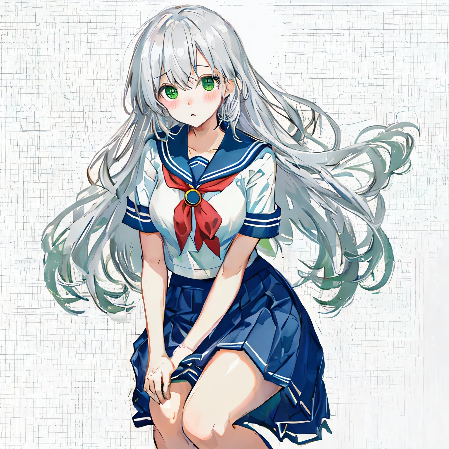 masterpiece, highest quality,shape,sailor suit,slanted eyes,straight hair,silver hair,side parted,super dense skin,calf white socks,surprised,beautiful and detailed eyes,blush,turn your arms behind your back,short sleeve shirt,green eyes,Plump : 1.3,Rear view,navy blue skirt,sitting,green panties,avert your eyes