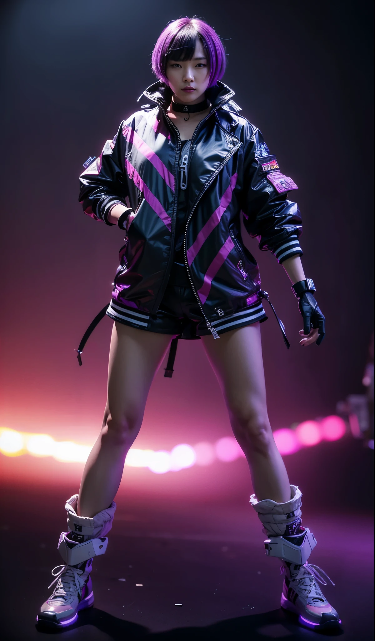 Biker gloves (best quality)), ((masterpiece)), (detailed), smirked face A hot real live photo japanese american girl with black and purple bobcut hair and large breasts, wearing a cyberpunk purple jacket with two white stripes and a black shirt top. Purple shorts. Photo Shot from iphone 15 pro, bright dramatic lighting and colors. Gray background