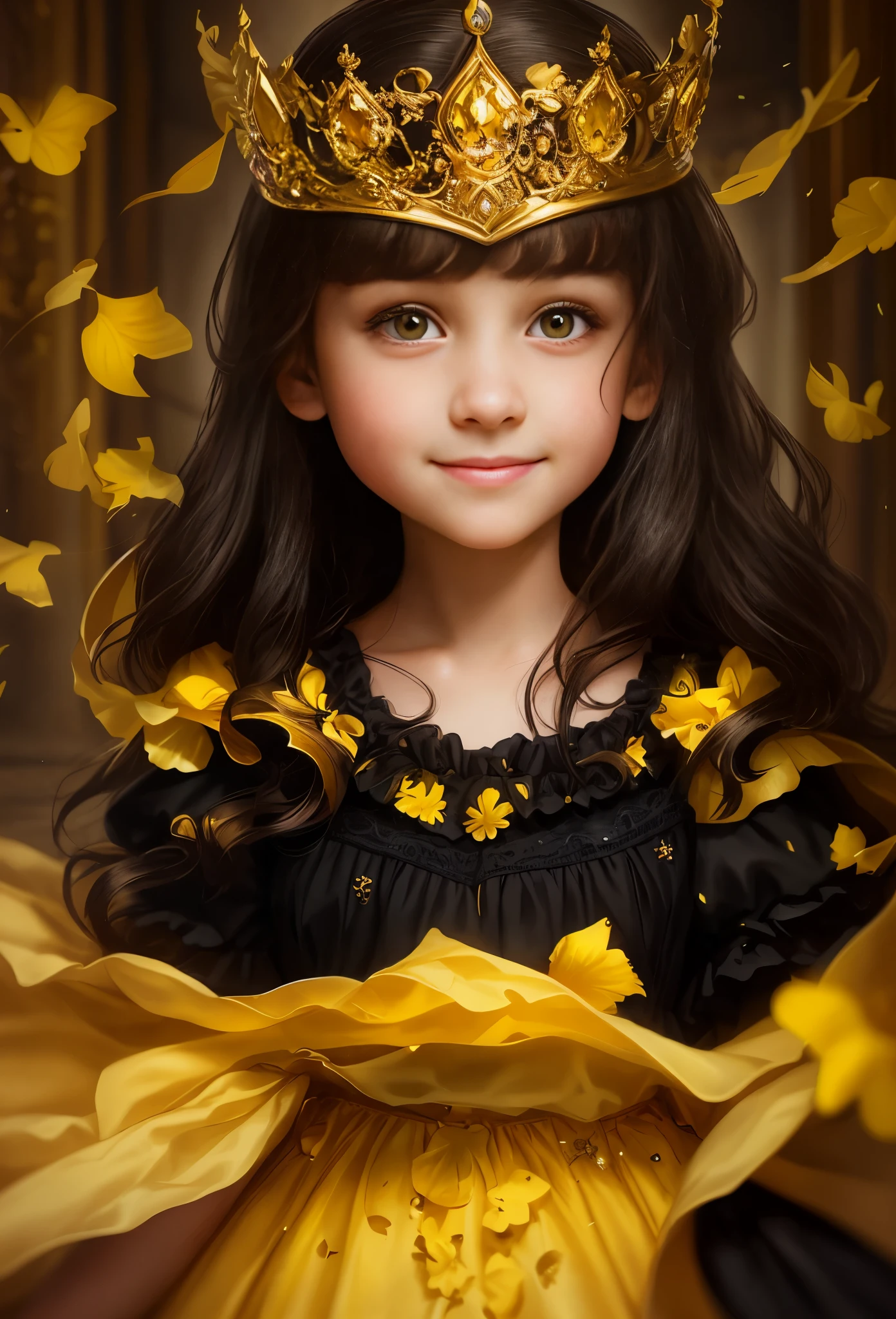 High definition, portrait, girls with dark hair, 8 years old, yellow eyes, smile, tiara, portrait, ballroom in the background, realism, fantasy