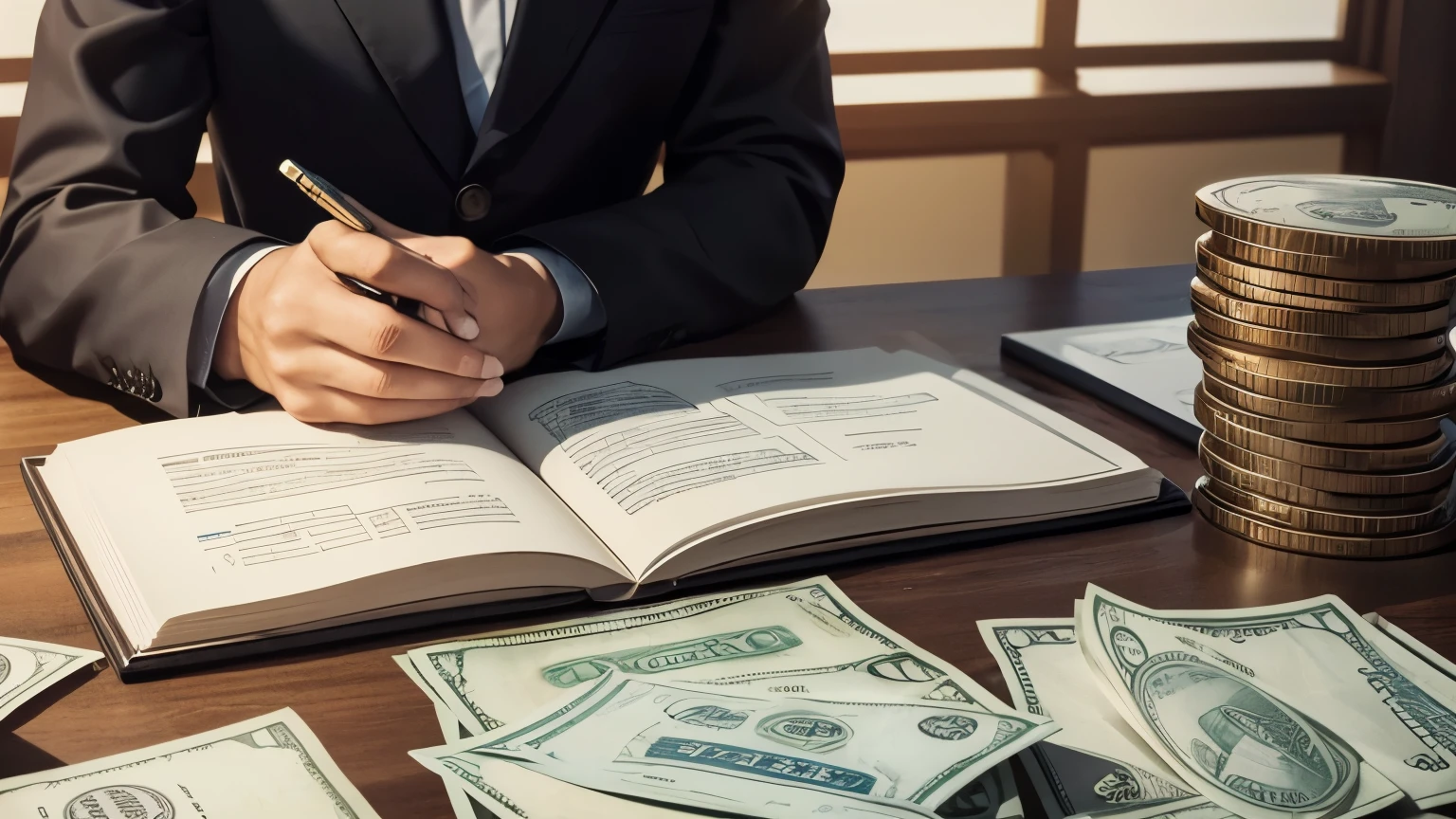 Picture a figure, seated at a desk with papers and a calculator, surrounded by stacks of coins and dollar bills. Above them, a beam of light shines down from above, illuminating the scene and symbolizing the divine presence amidst the practicalities of financial management. In the background, symbols of financial success, such as graphs and charts showing upward trends, represent the Creator's provision in material wealth. Around the figure, words of wisdom and guidance float in the air, carrying the prayer for wise stewardship of financial resources. It's a scene of responsibility and trust, where the soul seeks divine guidance in the management of earthly riches.