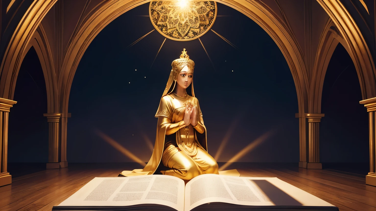 Imagine a figure, kneeling in prayer with hands clasped, surrounded by a soft, radiant light symbolizing the divine presence. Above them, the words "Divine Creator, of infinite wisdom" shimmer in golden letters, conveying the reverence and trust placed in the source of all wisdom. Surrounding the figure, symbols of knowledge and understanding, such as scrolls and books, represent the quest for divine guidance and discernment. It's a scene of humility and seeking, where the soul opens itself to receive the wisdom that transcends human understanding.