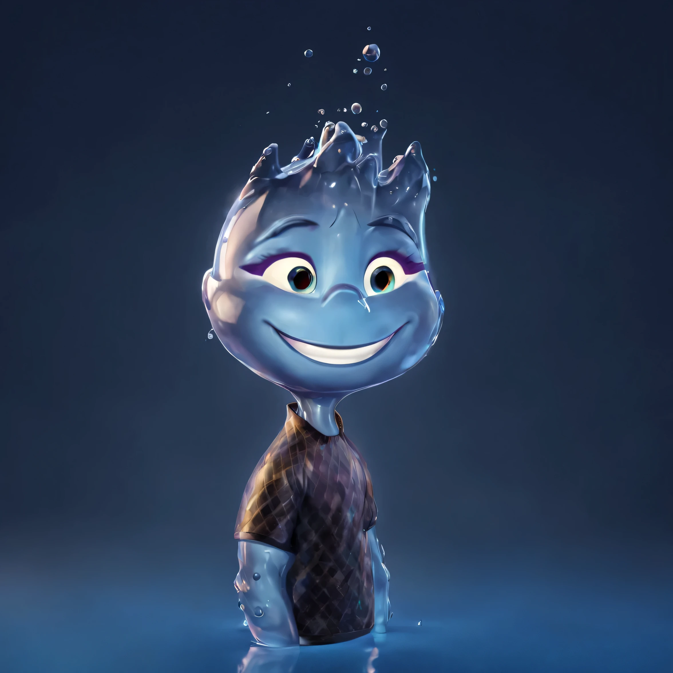 concept art portrait wade standing, cute wade, he is made of water, looking away, jelly texture, three quarters, short length body, digital artwork, cute wade face, wide happy smile, vivid water glossy texture, 3d render, glossy painting, highly detailed, blue background, high detailed water texture, blue rim light, vivid saturation render, pure black background, rim light, 4k, detailed digital art, reflective, best quality, 4k, masterpiece:1.2, ultra-detailed, realistic, vivid colors, The image of the highest quality, ensuring every detail showcased perfectly. It in 4k resolution, allowing viewers to immerse themselves in the richness of the colors and intricate details. The realistic rendering. under the spotlight, reflecting, high-resolution image, realistic rendering, dark background, and rim light
