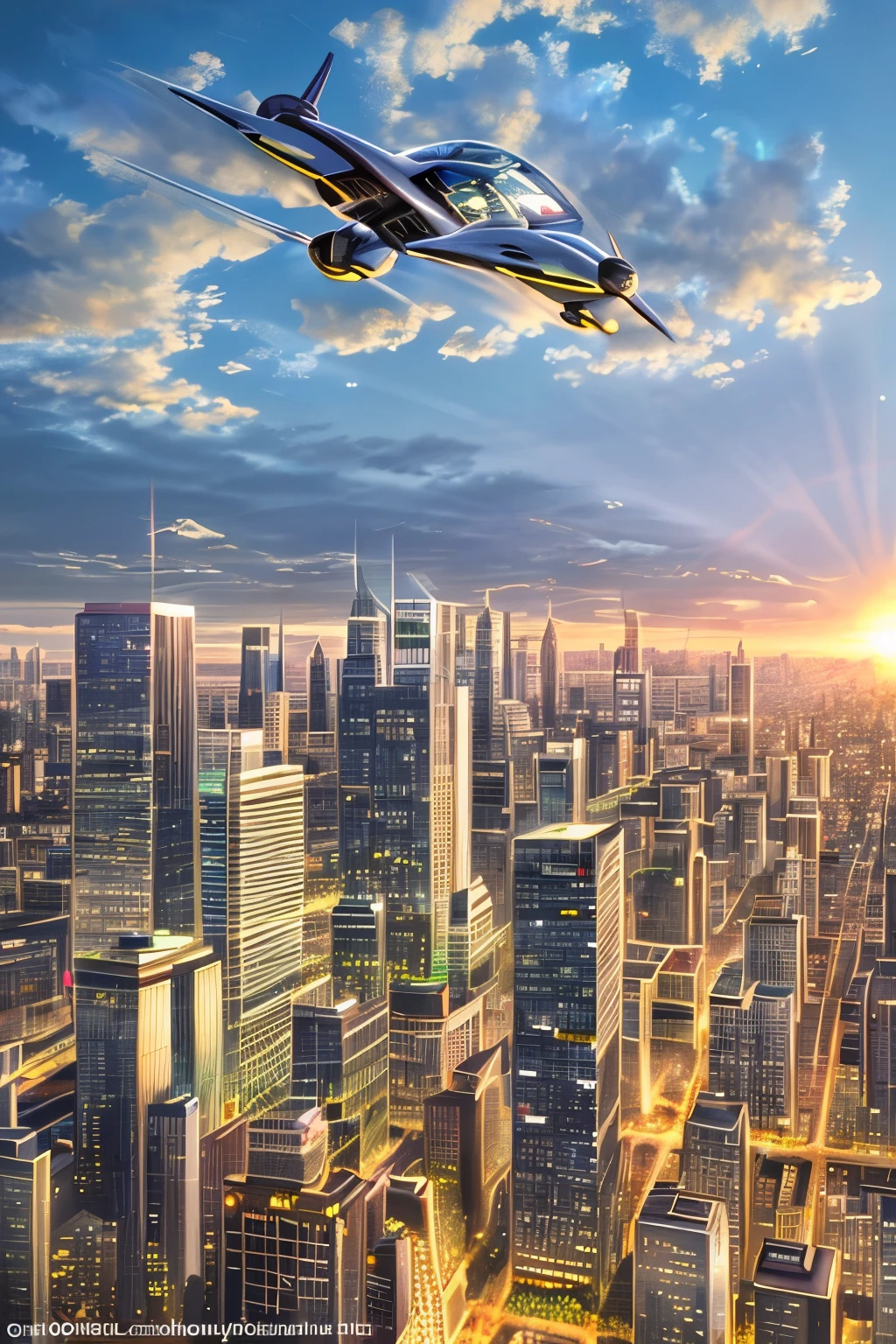 Imagine a captivating and photorealistic image of a futuristic flying car, soaring gracefully above a sprawling cityscape. The innovative design of the car, with its sleek lines and advanced features, stands out against the backdrop of the metropolis below. The cityscape itself is a stunning display of human engineering, with towering skyscrapers reaching for the heavens, their glass facades reflecting the setting sun.

The image should be captured using a high-resolution 16k camera with a 16:9 aspect ratio, ensuring that every detail of the flying car and the cityscape below are rendered in breathtaking clarity. The raw style of the camera settings