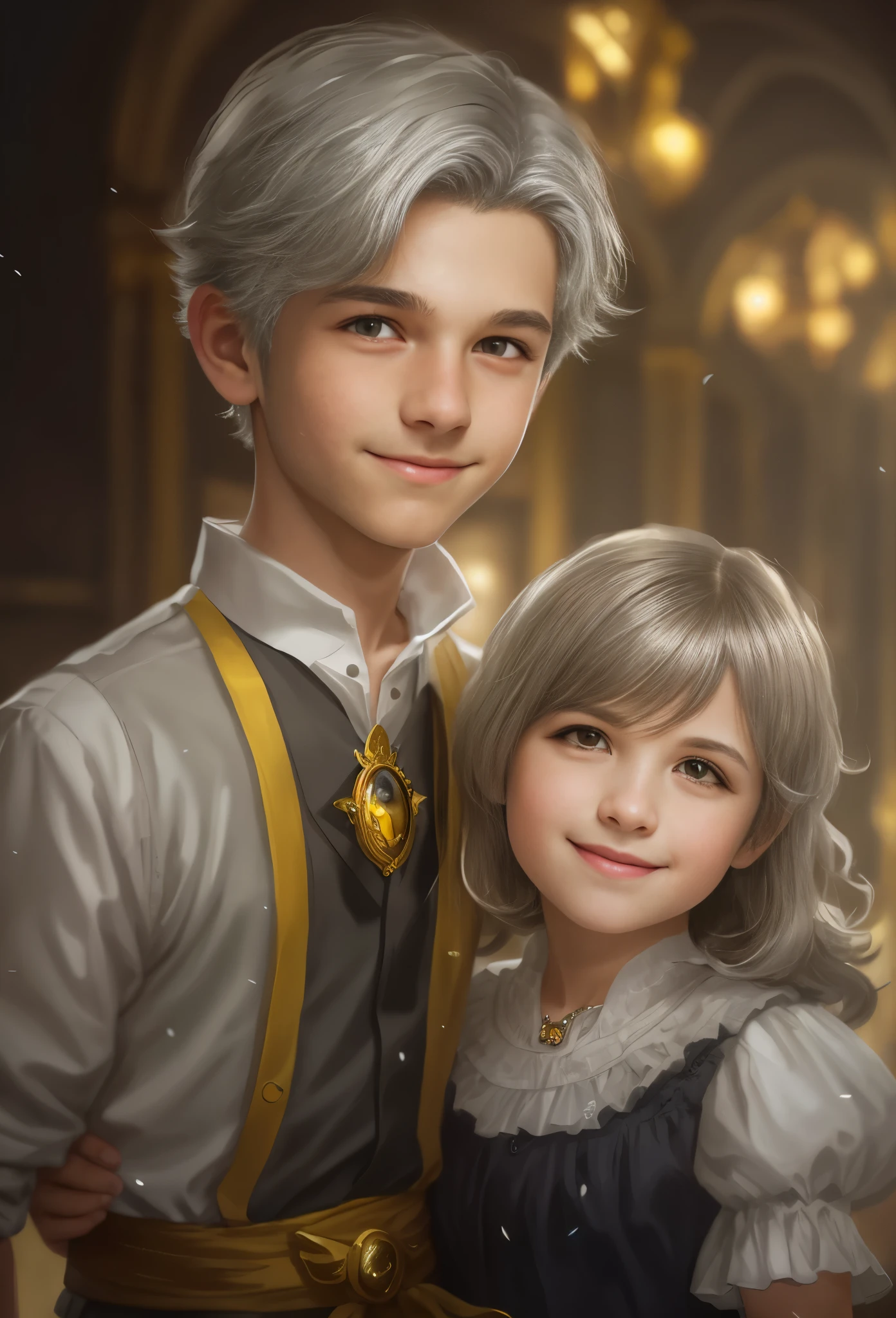 High resolution, portrait, boy and girl with dark hair, 8 , light gray hair, short haircut, yellow eyes, smile, crown, portrait, ballroom in the background, realism, fantasy