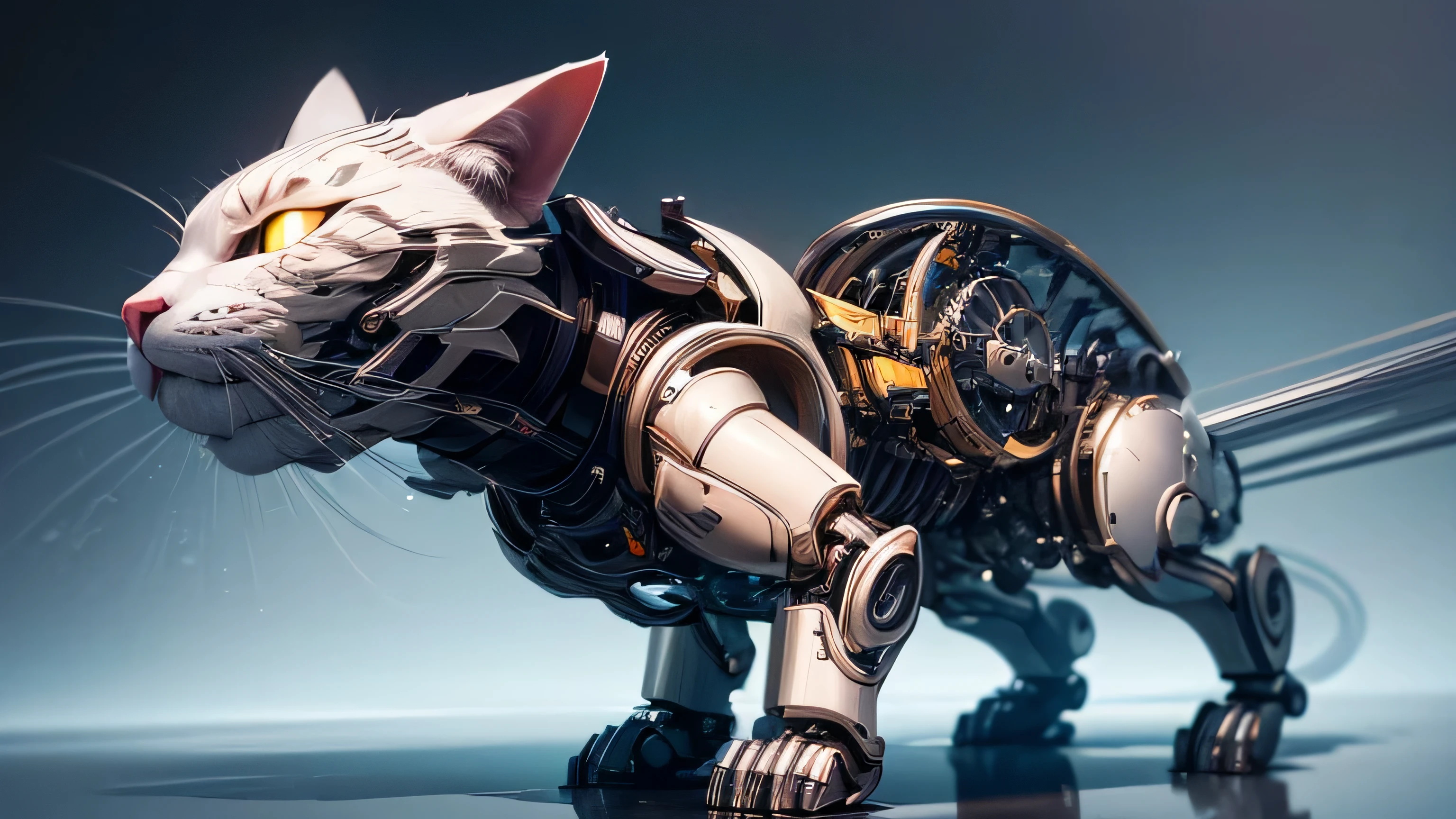 (best quality,ultra-detailed,realistic:1.37),mechanical cat,see-through mechanical details,alpha transparency,metallic texture,shiny surface,reflection of light,delicate gears,moving parts,precision craftsmanship,mechanical precision,mechanical engineering,robotic features,mechanical cat with expressive eyes,mechanical whiskers,hand-painted details,whirring sounds,high-tech aesthetics,sleek and futuristic design,sophisticated internal mechanisms,meticulous attention to detail,cat-shaped exoskeleton,mechanical body with visible inner workings,impeccable construction quality,mirror-like finish,subtle lighting illuminating the internal structure,sublime blend of technology and artistry,cyborg cat,digital artistry,artistic engineering,mechanical masterpiece