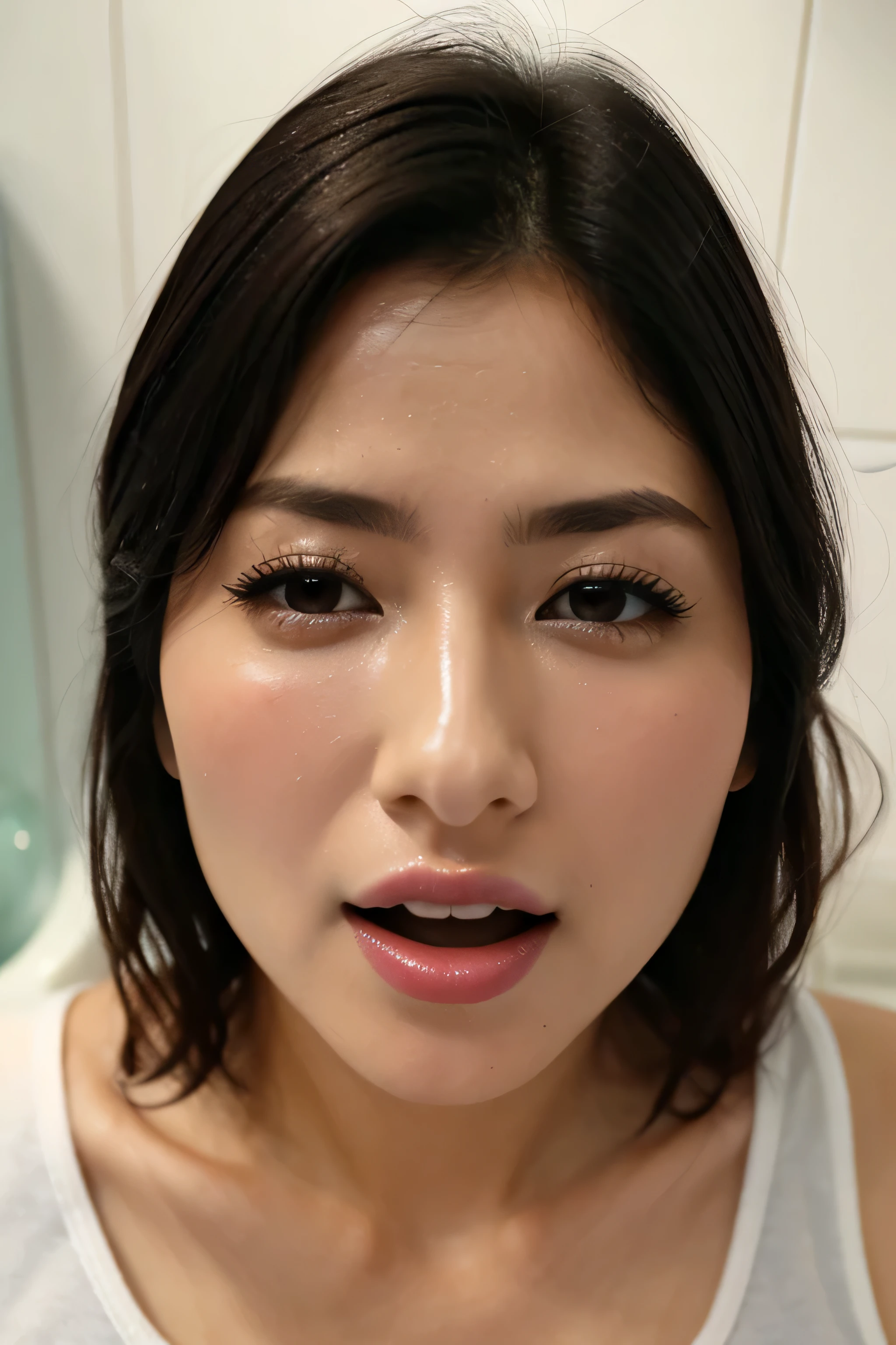 Beautiful Japan actress、1 girl,debris flies,,Award-winning photo, very detailed,face focus, double big eyes(woman with open mouth and closed eyes ), 30 years old、black hair、shiny skin、(((close up of face)))、realistic nostrils、elongated nasal passages,,,、inside the toilet、(On the floor of a public toilet)、squat、((white tank top))、big breasts、(sharp nose)grimacing 表現:1.4,,facial expression,grimacing,Head up、Skin shiny with sweat,oily facial skin,bite your mouth,tied hair,wearing a tank top,Bring your nose closer to the camera,((The inside of the open mouth is filled with transparent bubbles.))A large amount of foam flows from the mouth、droop、