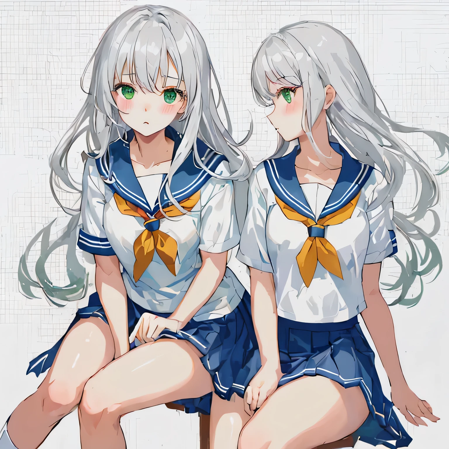 masterpiece, highest quality,shape,sailor suit,slanted eyes,straight hair,silver hair,side parted,super dense skin,calf white socks,beautiful and detailed eyes,blush,short sleeve shirt,green eyes,Plump : 1.3,Rear view,navy blue skirt,sitting,green panties,avert your eyes