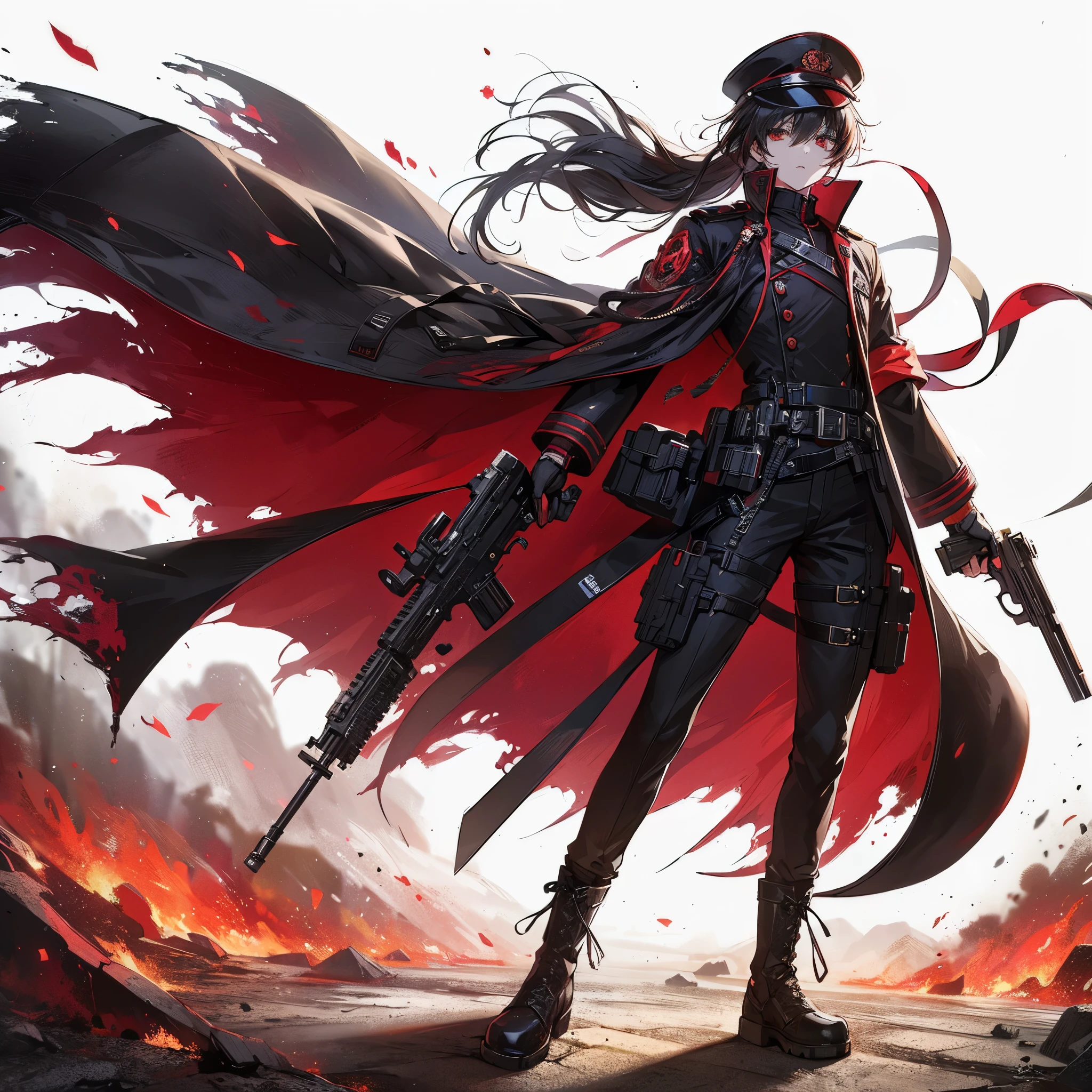 (masterpiece, best quality), ultra detailed, anime style, full body, solo, Cyberpunk Soldier girl, wearing male clothing red and black military uniform and cap, fluttering cape, black hair and red eyes, male beauty, held saber and pistol, wearing long boots, supernatural red and black flames, karate fighting pose, standing in wasteland, digital painting, 8K high resolution, art station trend, white background, whole body,