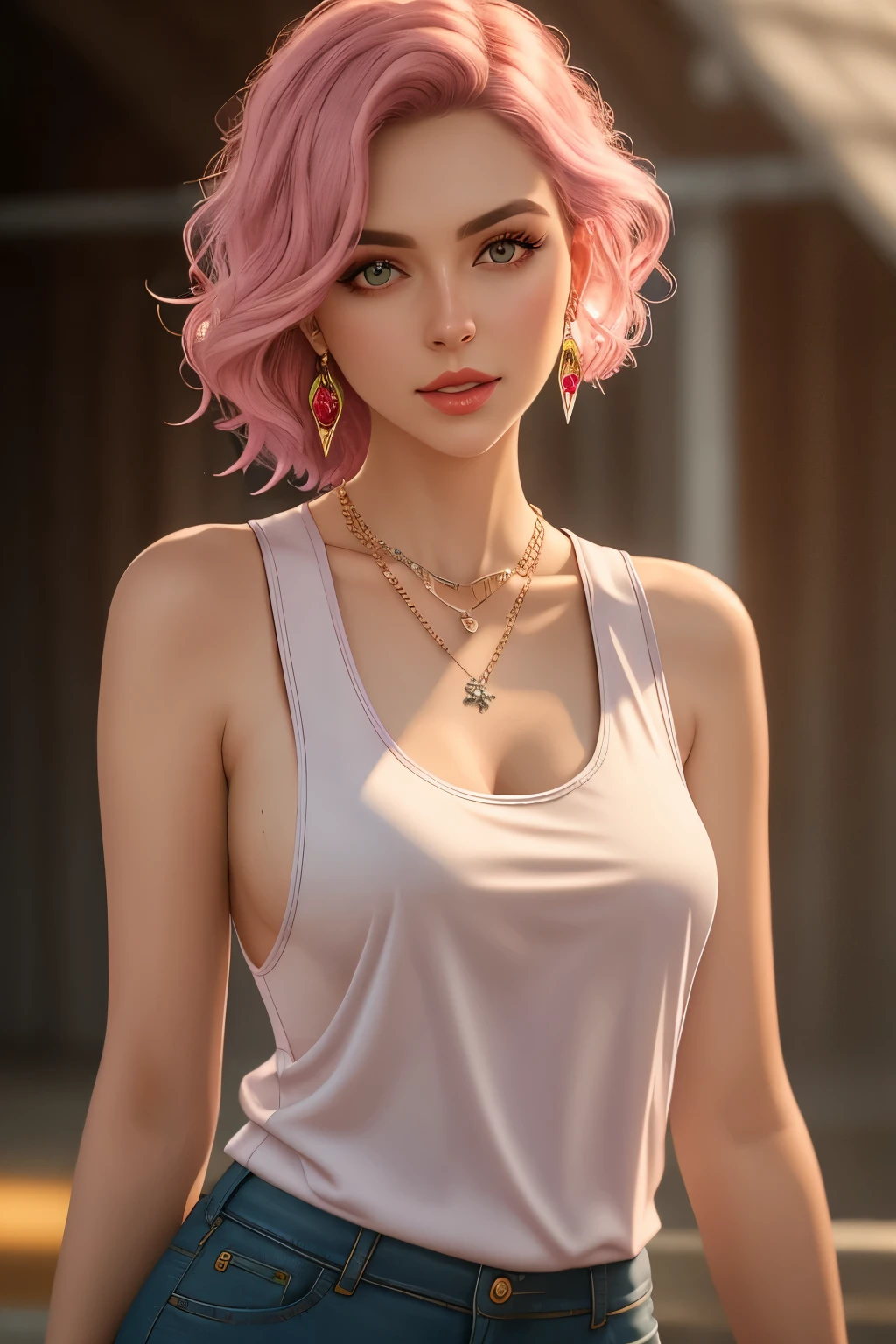 photo of a woman wearing a white (tank top:1.2) , sideboob,  stunning, gorgeous woman, girl boss, jewelry, earrings, necklace, sexy attire, short light pink hair, looking at viewer, Realism, VFX, Volumetric Lighting, Volumetric Light, Volumetric, Natural Lighting, high details, detailed and intricate, intricate details, high intricate details, absurd amount of details, absurdres, high resolution, Medium Shot, Single Shot, Shallow Focus, Lips, Medium Breasts, Bracelet, Charm, Band, Wrist, Necklace, Chain, Charm, Neck,
 