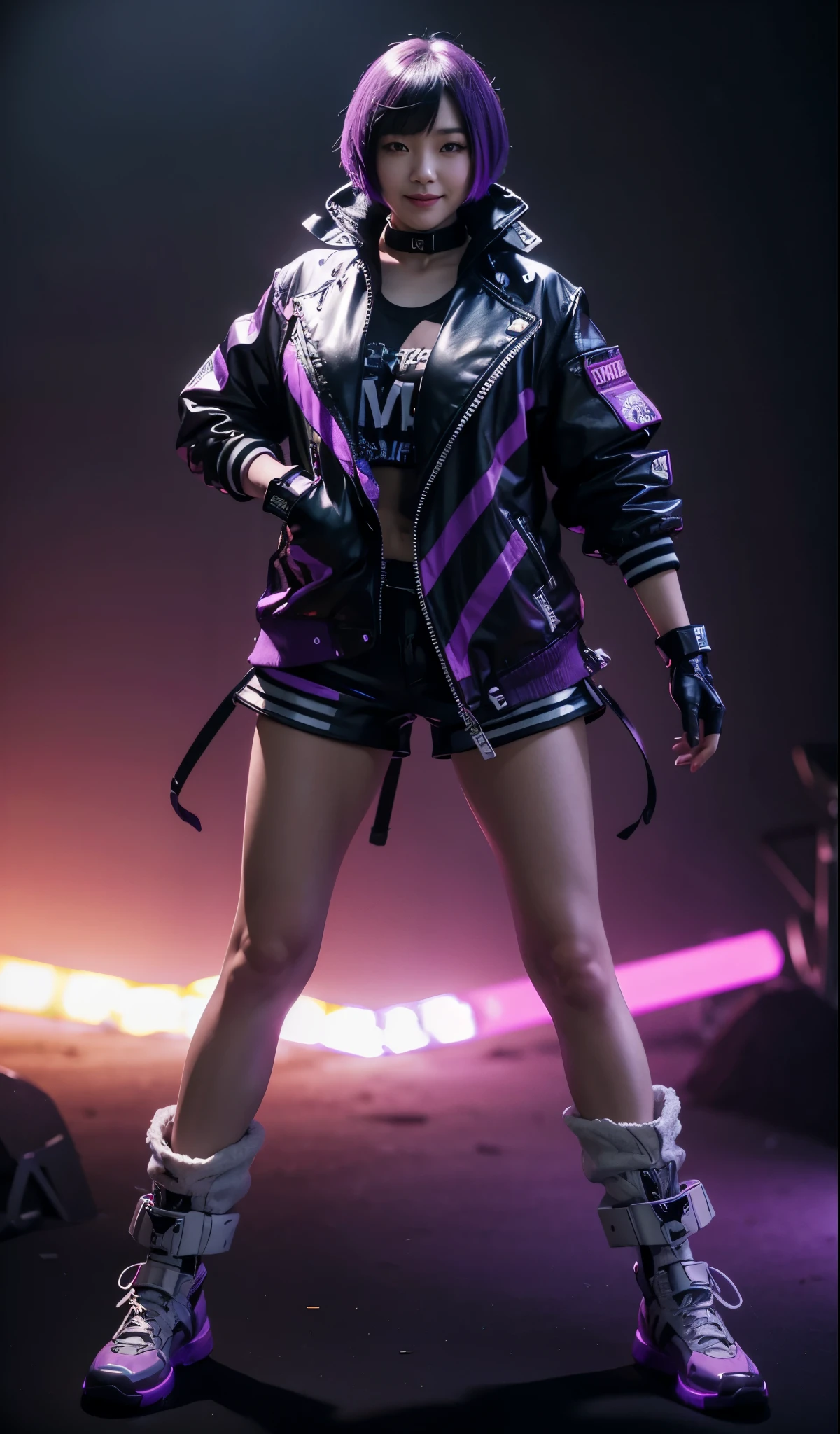 Biker gloves charming smiling face (best quality)), ((masterpiece)), (detailed), smirked face A hot real live photo japanese american girl with black and purple bobcut hair and large breasts, wearing a cyberpunk purple jacket with two white stripes and a black shirt top. Purple shorts. Photo Shot from iphone 15 pro, bright daylight and dramatic colors. Gray background