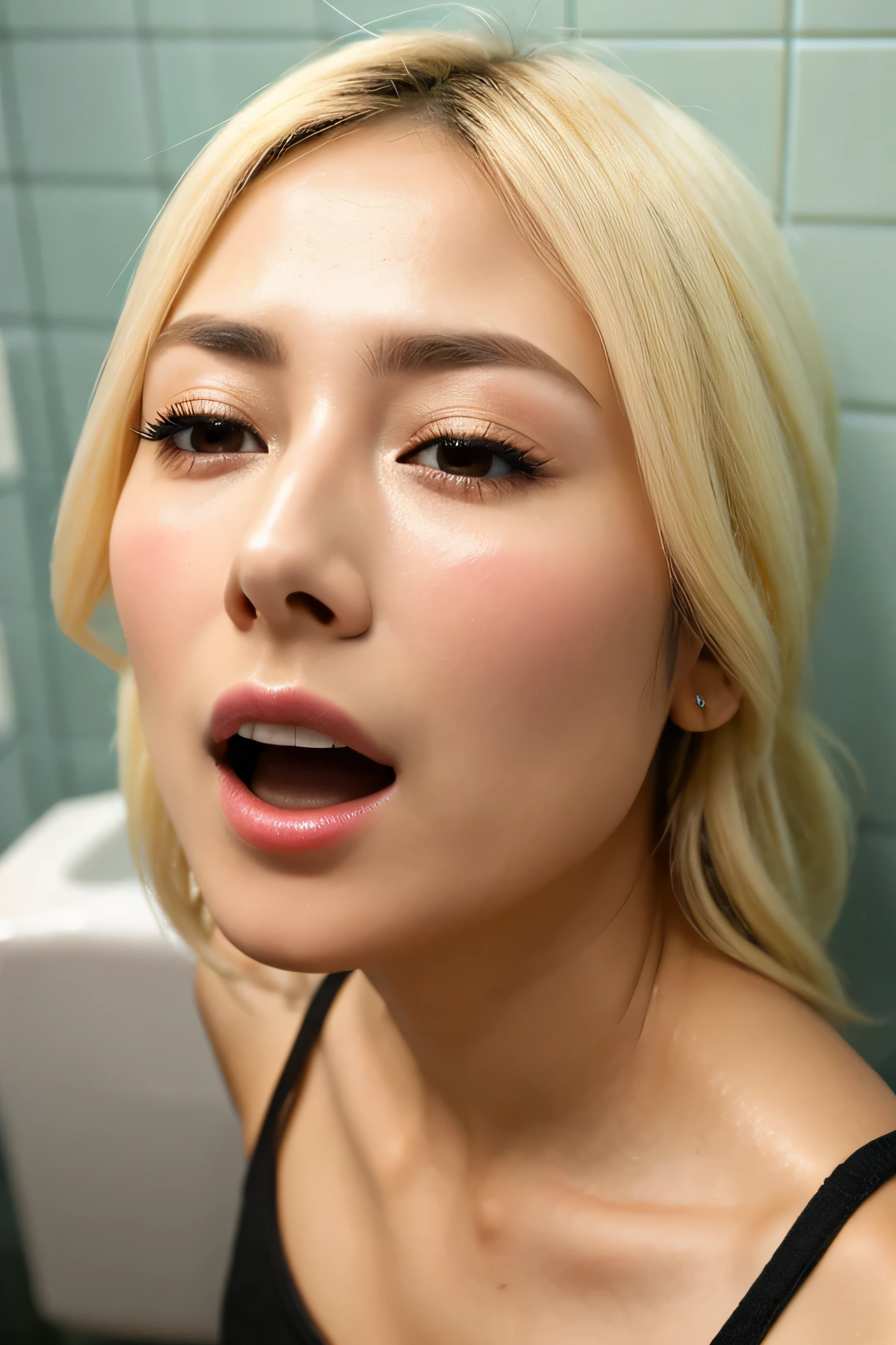 Beautiful Japan actress、1 girl,debris flies,,Award-winning photo, very detailed,face focus, double big eyes(woman with open mouth and closed eyes ), 30 years old、black hair、shiny skin、(((close up of face)))、realistic nostrils、elongated nasal passages,,,、inside the toilet、(On the floor of a public toilet)、squat、((white tank top))、big breasts、(sharp nose)grimacing 表現:1.4,,facial expression,grimacing,Head up、Skin shiny with sweat,oily facial skin,bite your mouth,tied hair,wearing a tank top,Bring your nose closer to the camera,((The inside of the open mouth is filled with transparent bubbles.))A large amount of foam flows from the mouth、droop、