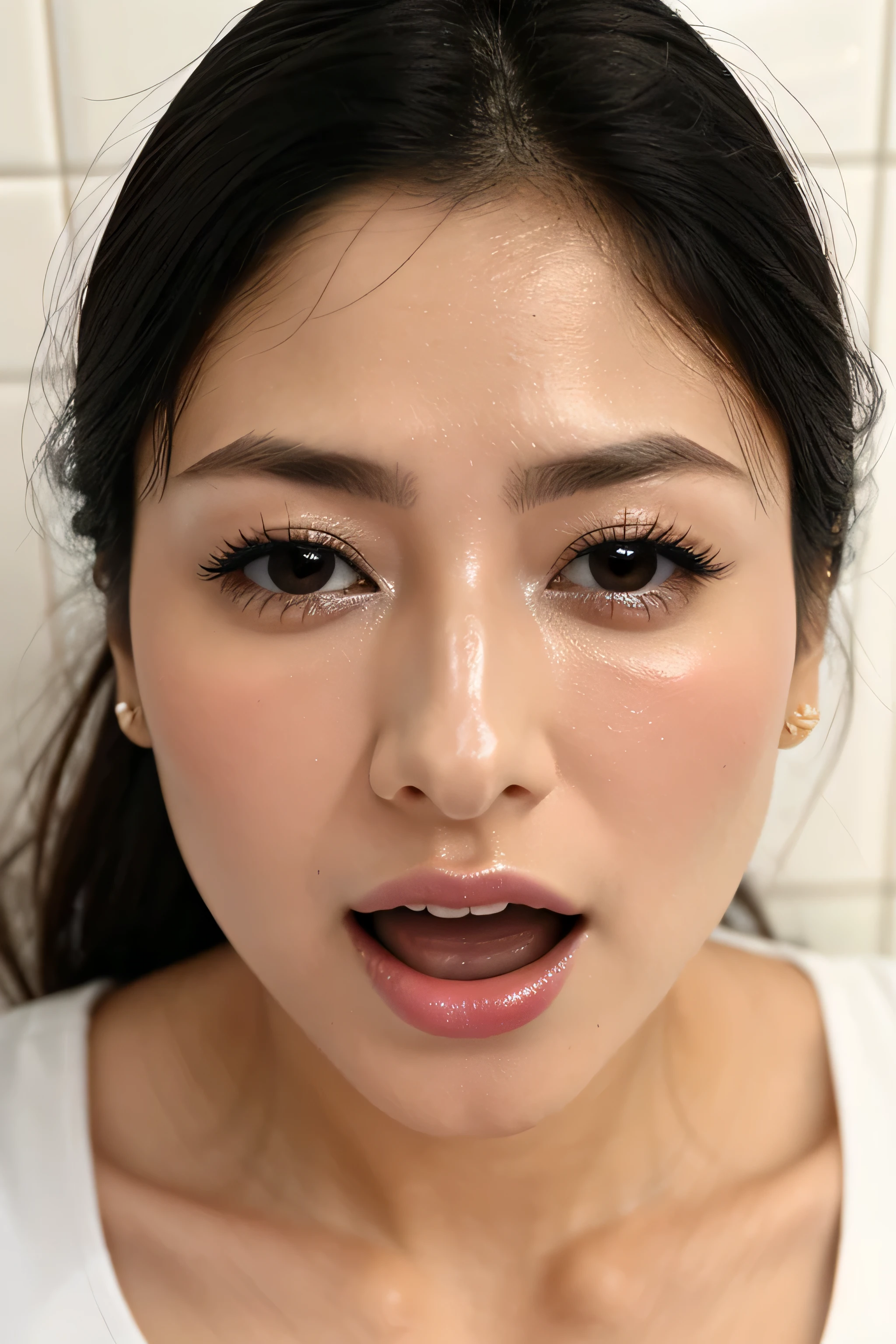 Beautiful Japanese actresses,(photo Realistic:1.4), (hyper Realistic:1.4), (Realistic:1.3),Very detailed, Edge Orgasm,face Focus, Woman with open mouth and closed eyes , Edgy Woman _face、Age 35、Black-haired、 News anchor、Very small toilet,((Sweat)),((skin shining with Sweat))((Clabrasion glistening with Sweat,face shining with Sweat)),（(Sweaty skin))((Sweaty skin)),Sitting on the toilet floor、