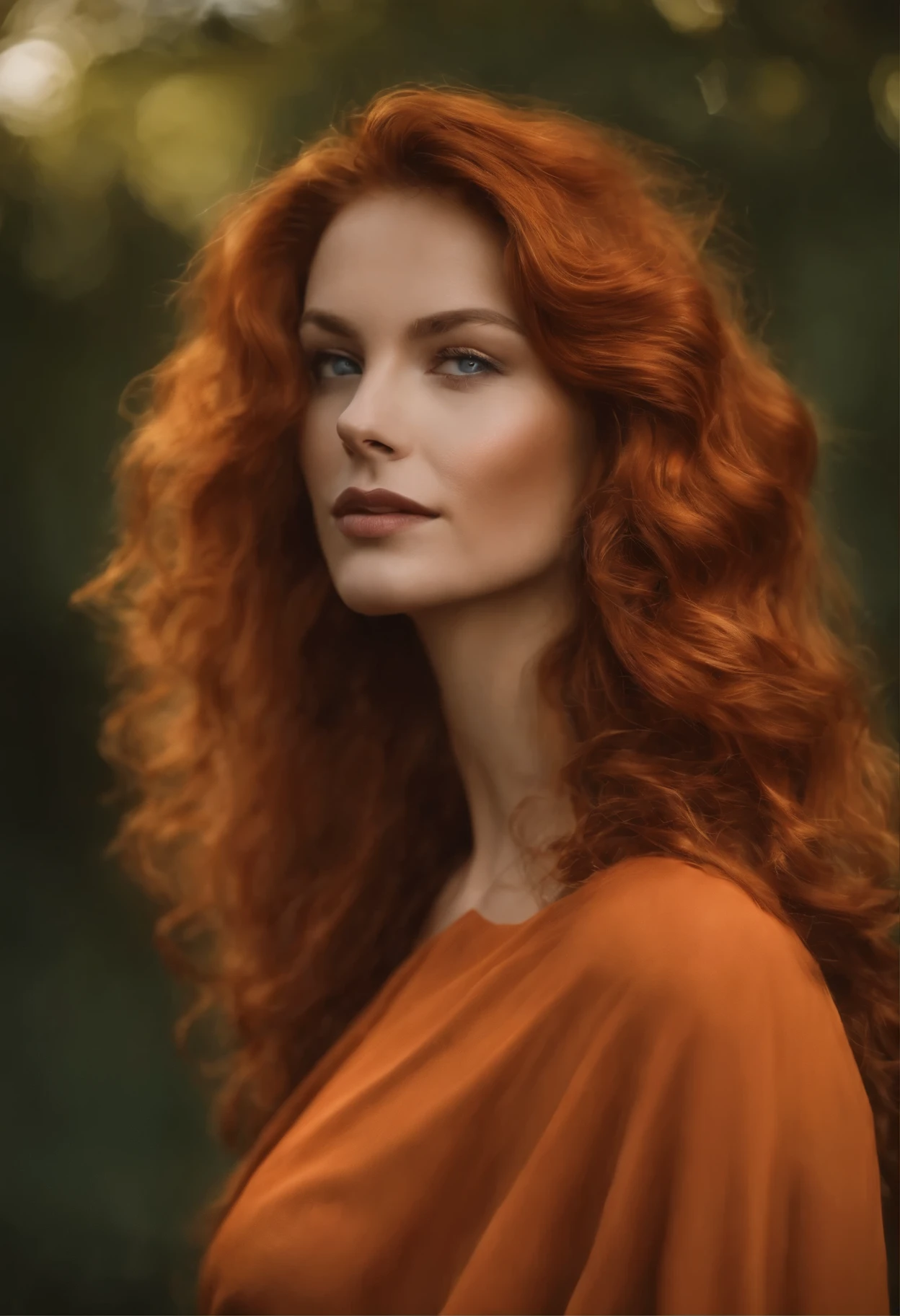 femme arafed aux longs cheveux rouges et aux yeux bleus posant pour une photo, cheveux bouclés couleur cuivre, peau orange et longs cheveux flamboyants, cheveux flottants orange, cheveux ondulés roux, cheveux roux qui coule, cheveux bouclés roux, cheveux roux longs et bouclés, cheveux roux et traits attrayants, cheveux orange brillant, belle femme rousse, gros cheveux roux ondulés, cheveux roux sauvages, debout sur un trottoir, dans une robe décolletée ouverte, robe sombre, vue de face grandeur sur pied