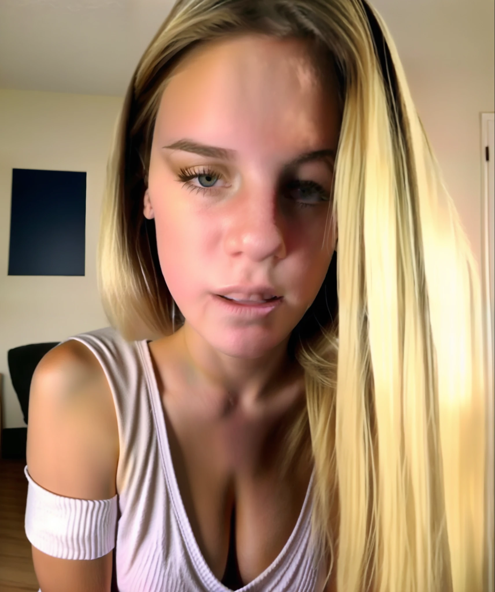 Bagz, baghera jones, in a gaming event, gaming headset, , , looking at the camera , , ,nude, from above, blonde hair, mouth open , tongue out, sat on a gaming chair, shirtlift 