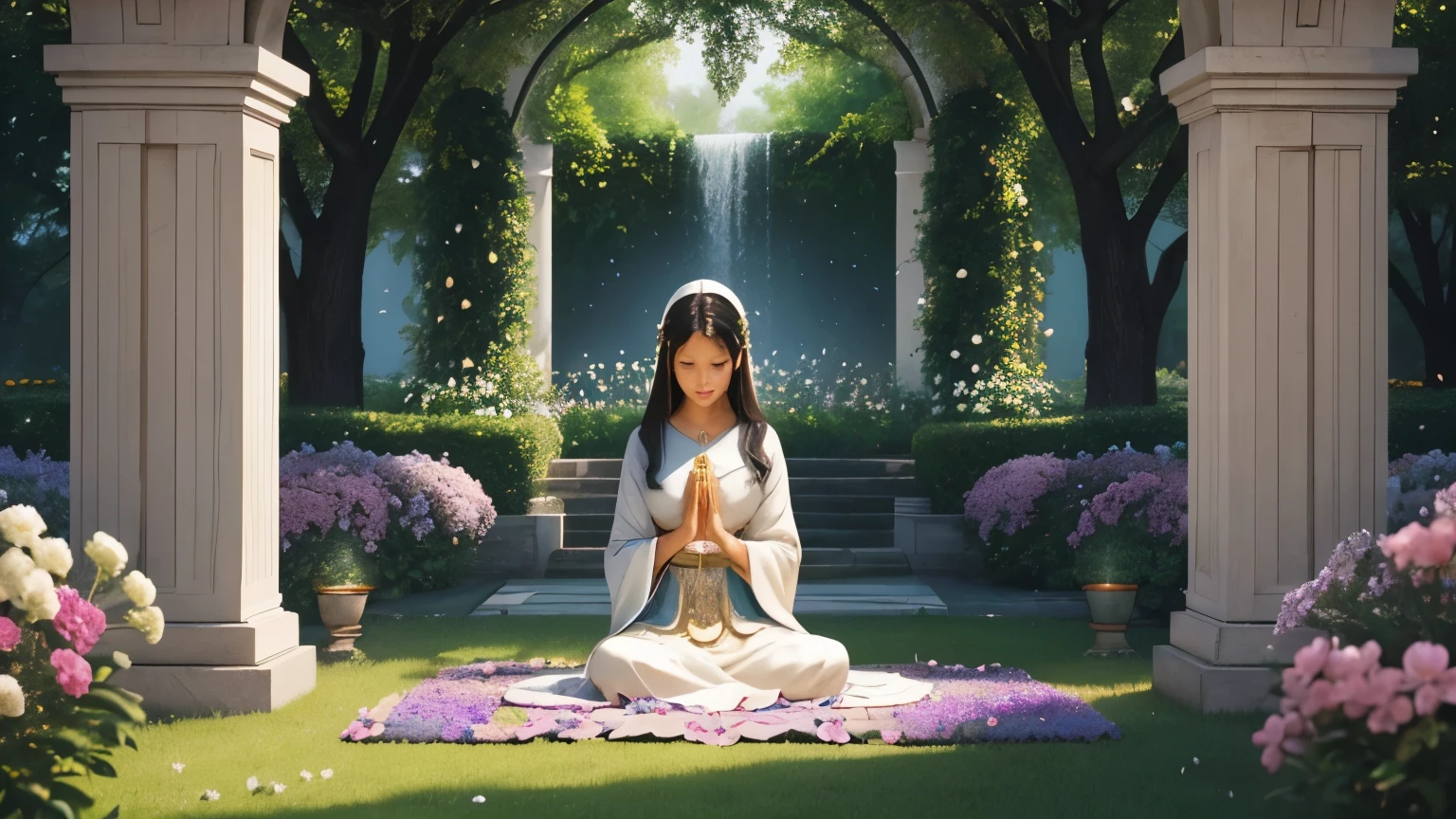 Imagine a serene garden, with lush greenery and colorful flowers blooming in abundance. In the center of the garden, a figure sits in meditation, surrounded by a tranquil aura of light symbolizing the presence of the divine. Above them, the words "May I always seek Your presence with all my heart" shimmer softly, carrying the prayer for intimacy and communion with the Creator. Around the figure, butterflies flutter and birds sing, symbolizing the joy and freedom found in deep spiritual connection. It's a scene of peace and harmony, where the soul finds solace and renewal in the sacred sanctuary of prayer.