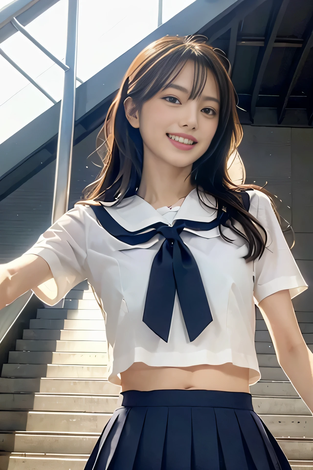 High resolution, RAW photo, realistic, very delicate and beautiful, very detailed, finely, very detailed CG Unity 8K 壁紙, super detailed, (highest quality, 8K, 32K, masterpiece, UHD:1.2), Photos of erotic cute Japanese models in their 20s, summer sailor costume school uniform, short sleeve, pleated mini skirt, low rise, belly button, expensive, skinny, flat chest, medium hair, smile, upper teeth, outdoor, Walk along the station platform, Eurostar, (stage, from below:1.3),