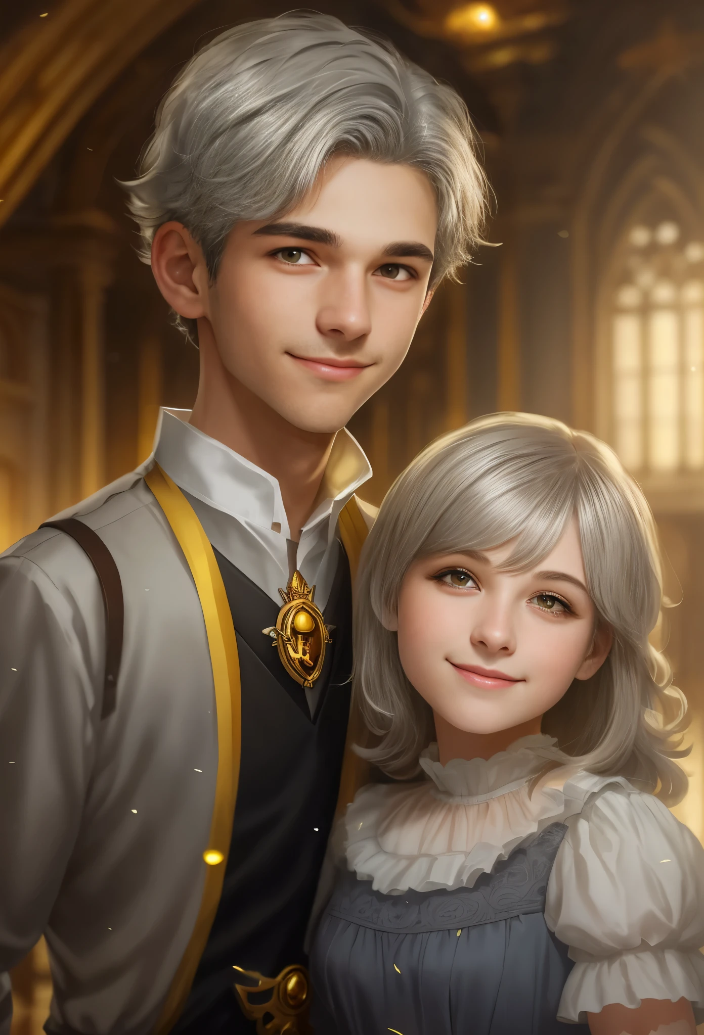 High resolution, portrait, boy and girl with dark hair, 18 years old, light gray hair, short haircut, yellow eyes, smile, crown, portrait, ballroom in the background, realism, fantasy