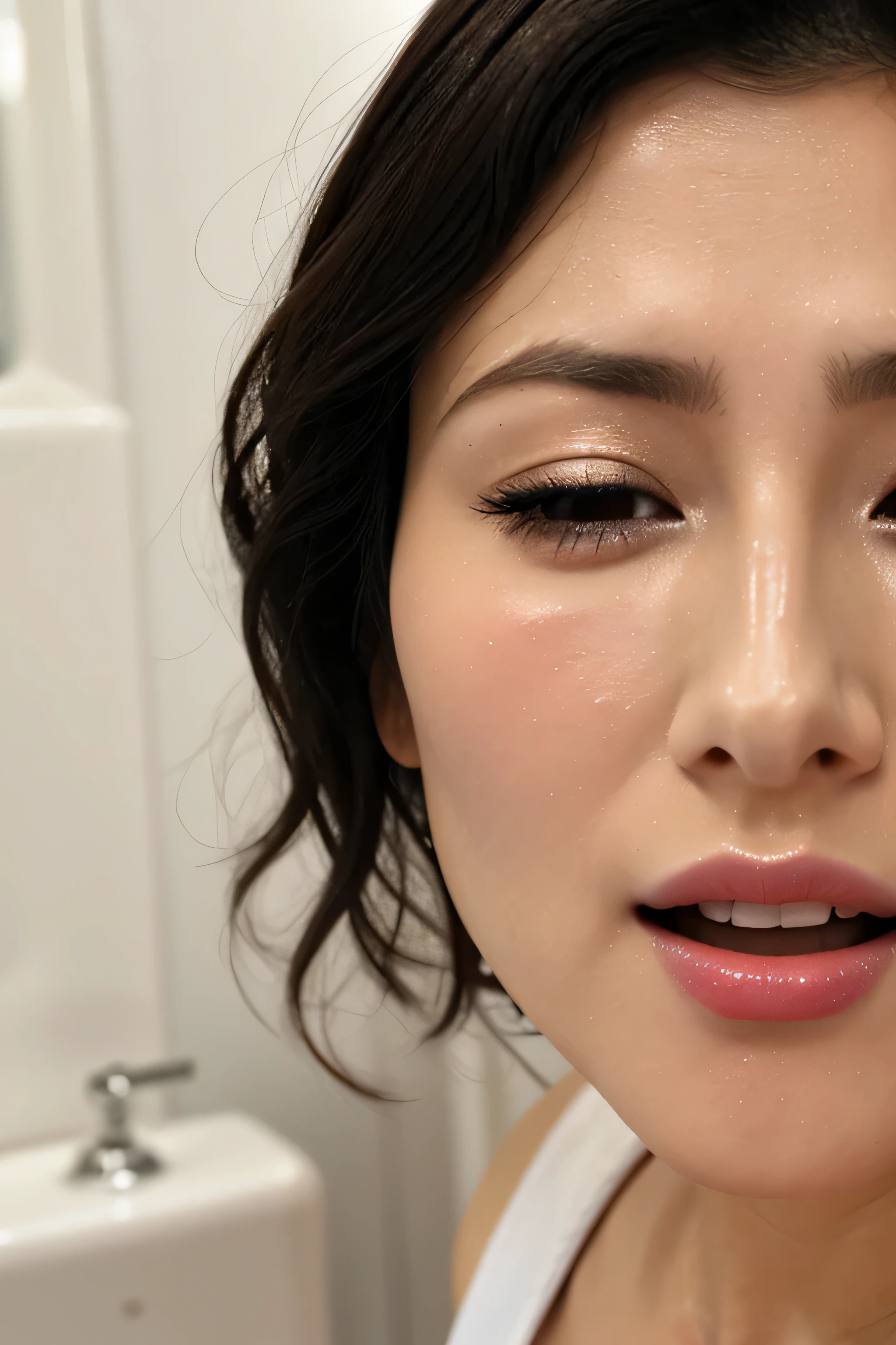 Beautiful Japan actress、1 girl,debris flies,,Award-winning photo, very detailed,face focus, double big eyes(woman with open mouth and closed eyes ), 30 years old、black hair、shiny skin、(((close up of face)))、realistic nostrils、elongated nasal passages,,,、inside the toilet、(On the floor of a public toilet)、squat、((white tank top))、big breasts、(sharp nose)grimacing 表現:1.4,,facial expression,grimacing,Head up、Skin shiny with sweat,oily facial skin,bite your mouth,tied hair,wearing a tank top,Bring your nose closer to the camera,((The inside of the open mouth is filled with transparent bubbles.))