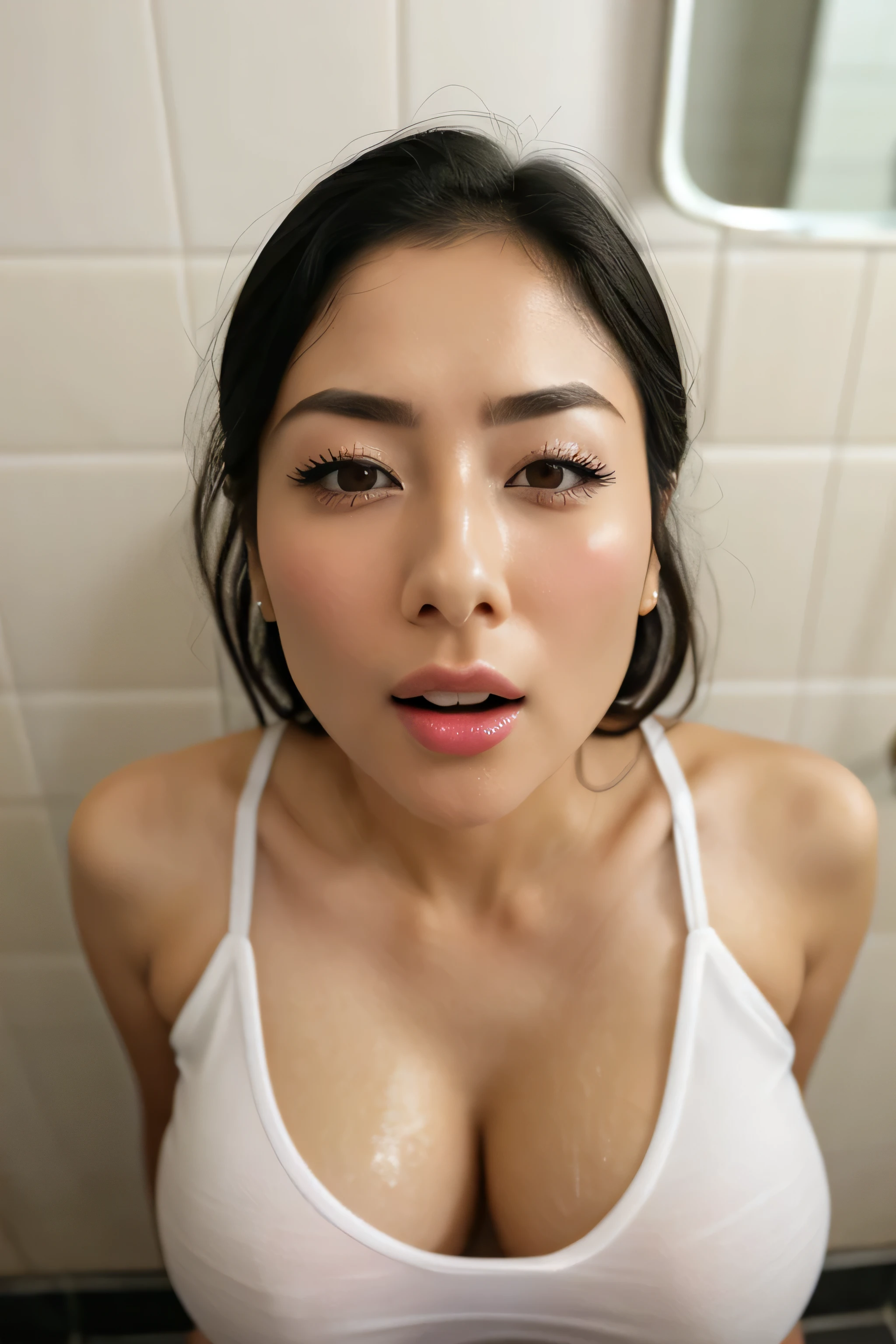 Beautiful Japan actress、1 girl,debris flies,,Award-winning photo, very detailed,face focus, double big eyes(woman with open mouth and closed eyes ), 30 years old、black hair、shiny skin、(((close up of face)))、realistic nostrils、elongated nasal passages,,,、inside the toilet、(On the floor of a public toilet)、squat、((white tank top))、big breasts、(sharp nose)grimacing 表現:1.4,,facial expression,grimacing,Head up、Skin shiny with sweat,oily facial skin,bite your mouth,tied hair,wearing a tank top,Bring your nose closer to the camera,((The inside of the open mouth is filled with transparent bubbles.))