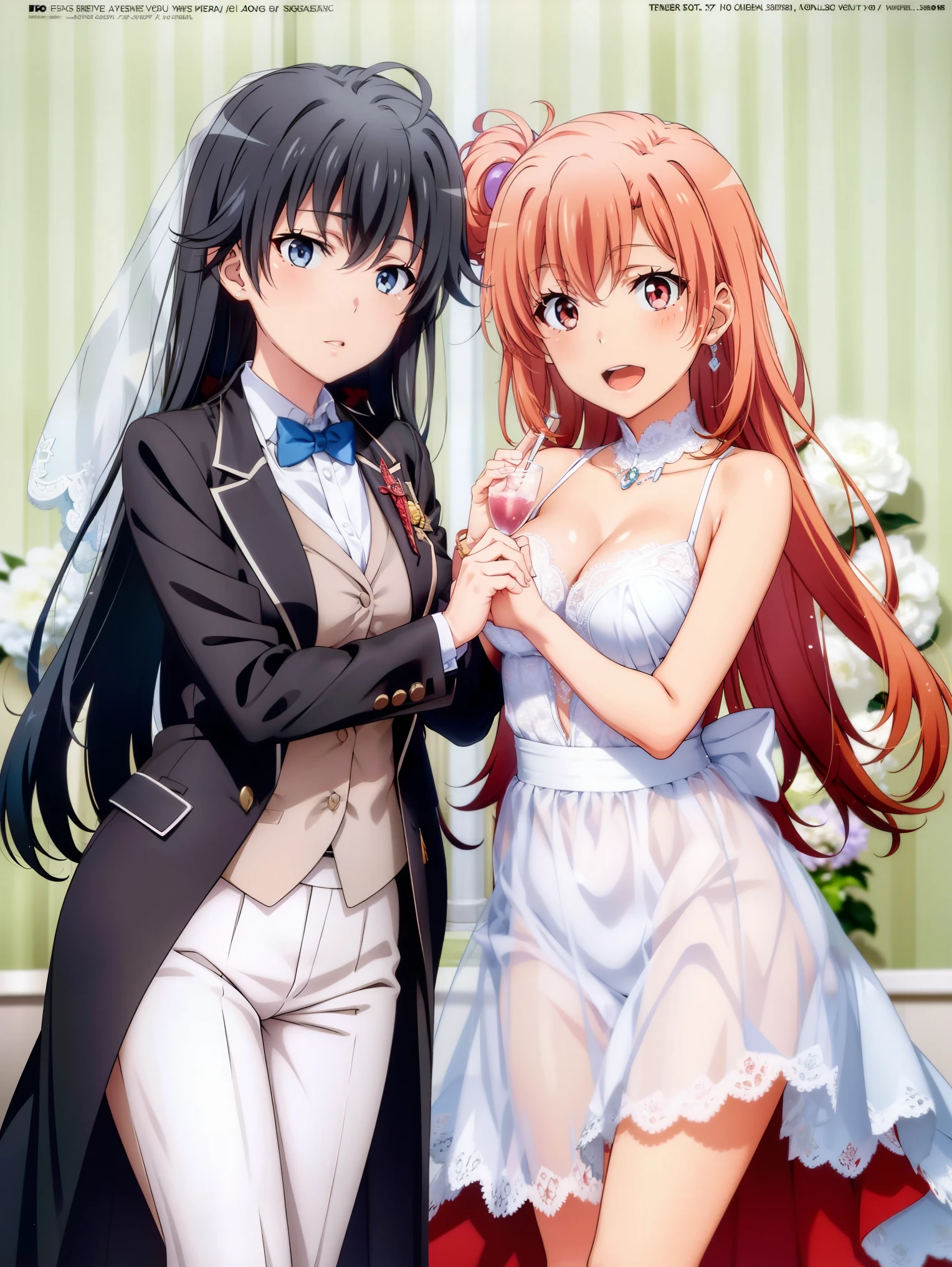 2girls, sample background, Yukinoshita yukino in a tuxedo and coat Married, her wife yuigahama yui in wedding Dress, yuri