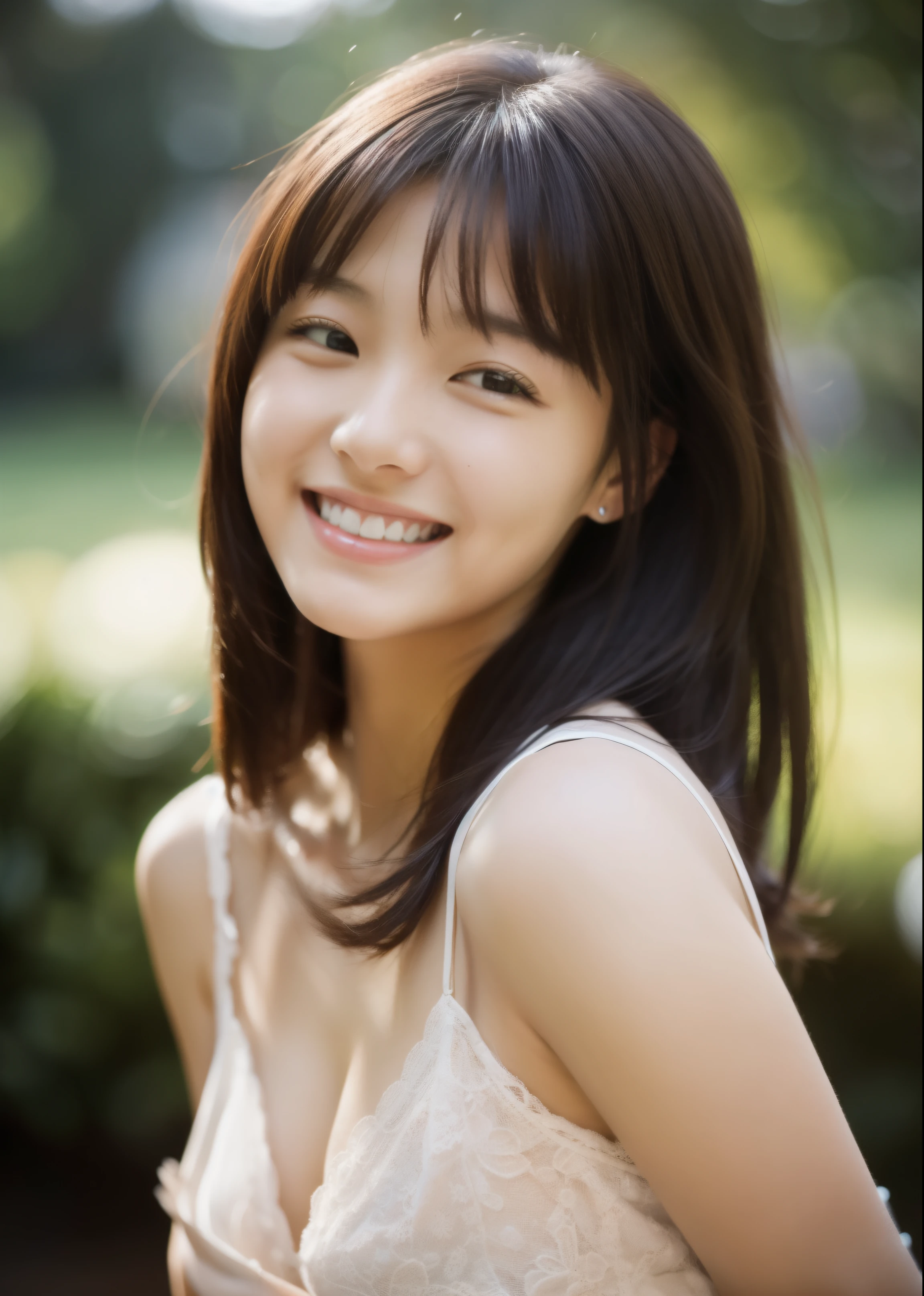 beautiful 19 year old woman。She wears a camisole。Lace on the chest and hem.。She looks ecstatic as if she had an during sex..。 dark brown hair、、her hair is long。High resolution、masterpiece、highest quality、Head w:1.0、((Hasselblad Photos))、fine skin、fine knit、(movie lighting)、clavicle . she has her eyes closed、laughing.
