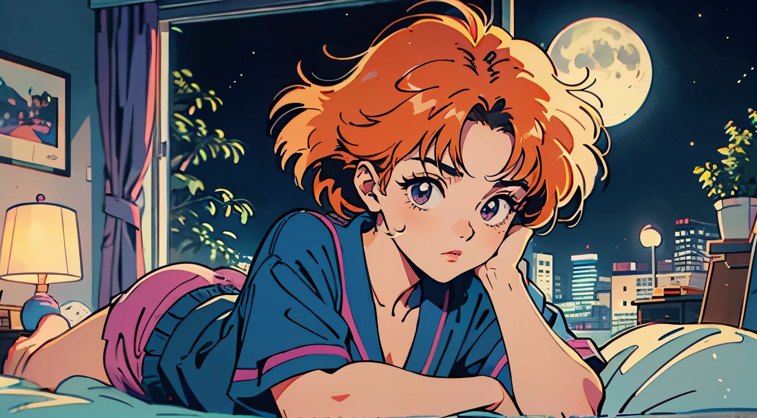 (masutepiece:1.5, Best Quality:1.5), ((Vaporwave Style, partially coloring)), (((vanilla))), (((full body))), 1woman, orange hair, pink eye, (medium hair), 90s fashion, (((on stomach, lying lie face down))), (((inside bedroom, night))), pajamas, ((looking down)), retro anime, 1990s anime, 1980s anime, retro anime style, masterpiece, best quality, beautiful anime, (ultra-detailed background, detailed background), high resolution, super detailed, Lo-Fi Illustration, anime art wallpaper 4k, anime art wallpaper 4k,
