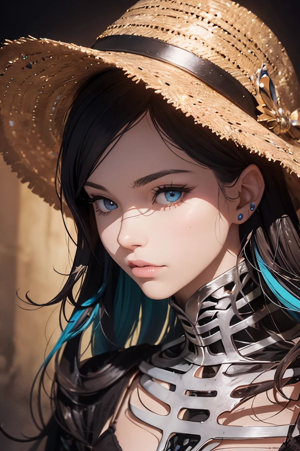 masterpiece, best quality, expressive eyes with deep sway and intrigue, perfect face sculpted with precise lines and subtle shading, breathtaking illustration of a cartoon boy in a vibrant sombrero, dressed in intricately detailed costumes reminiscent of comic book art, colors saturated in rich dark cyan and bronze hues, artfully placed washes and rtx effects adding depth and texture, skeleton -skeleton innocence conveyed through every line and curve --s2.