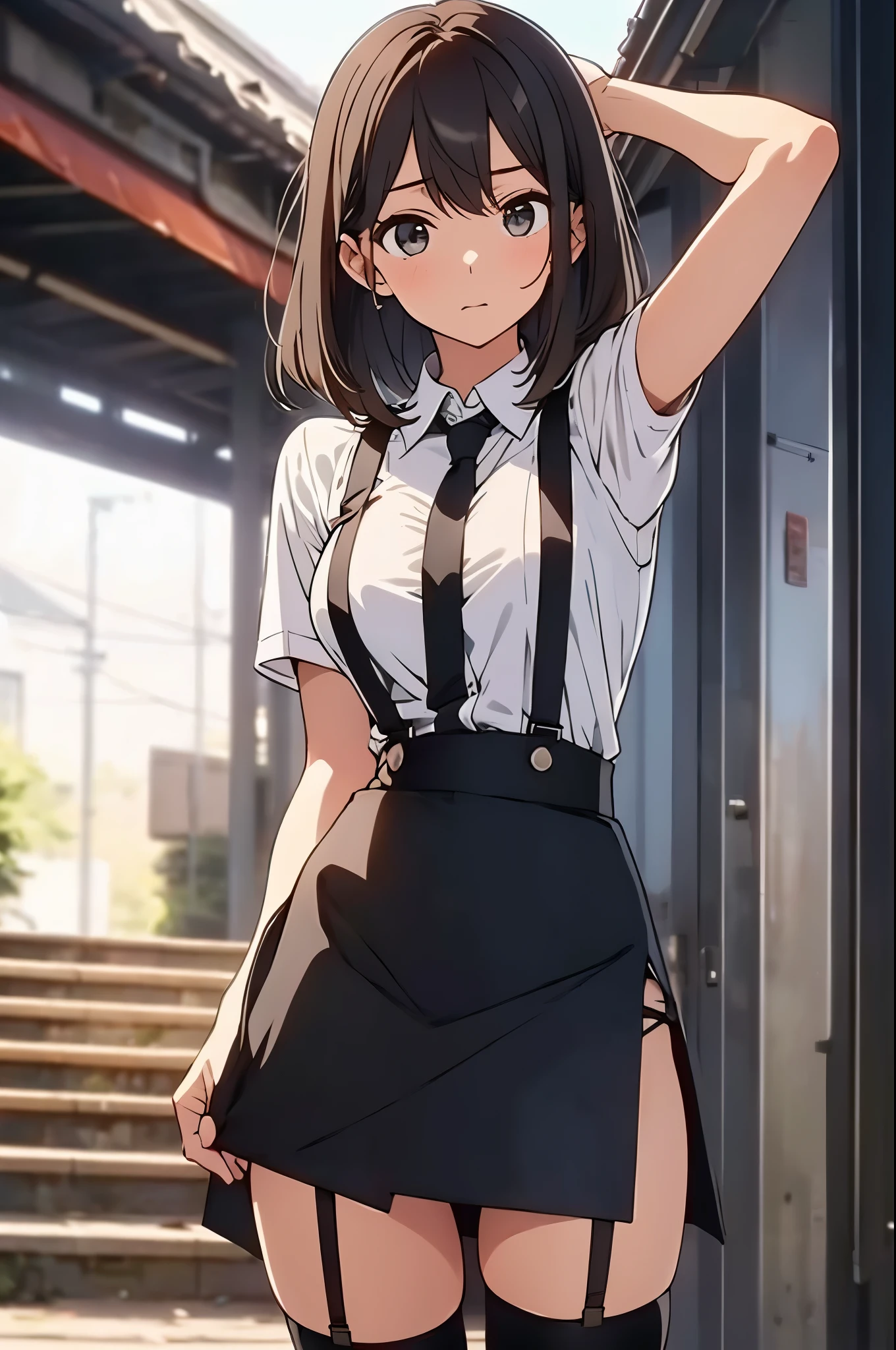 brown hair、looking at the viewer　　suspenders　　　Bulging big breasts　　 　 　　　　Black miniskirt　garter belt　knee high socks　　　　　　Gaze　　　small face　bangs 　　　　　Beauty　　hands up　　 　Gaze 　black boots 　provocation　　armpit sweat　one person 　　put your hands behind your back　cutter shirt　　Panty shot　ginka