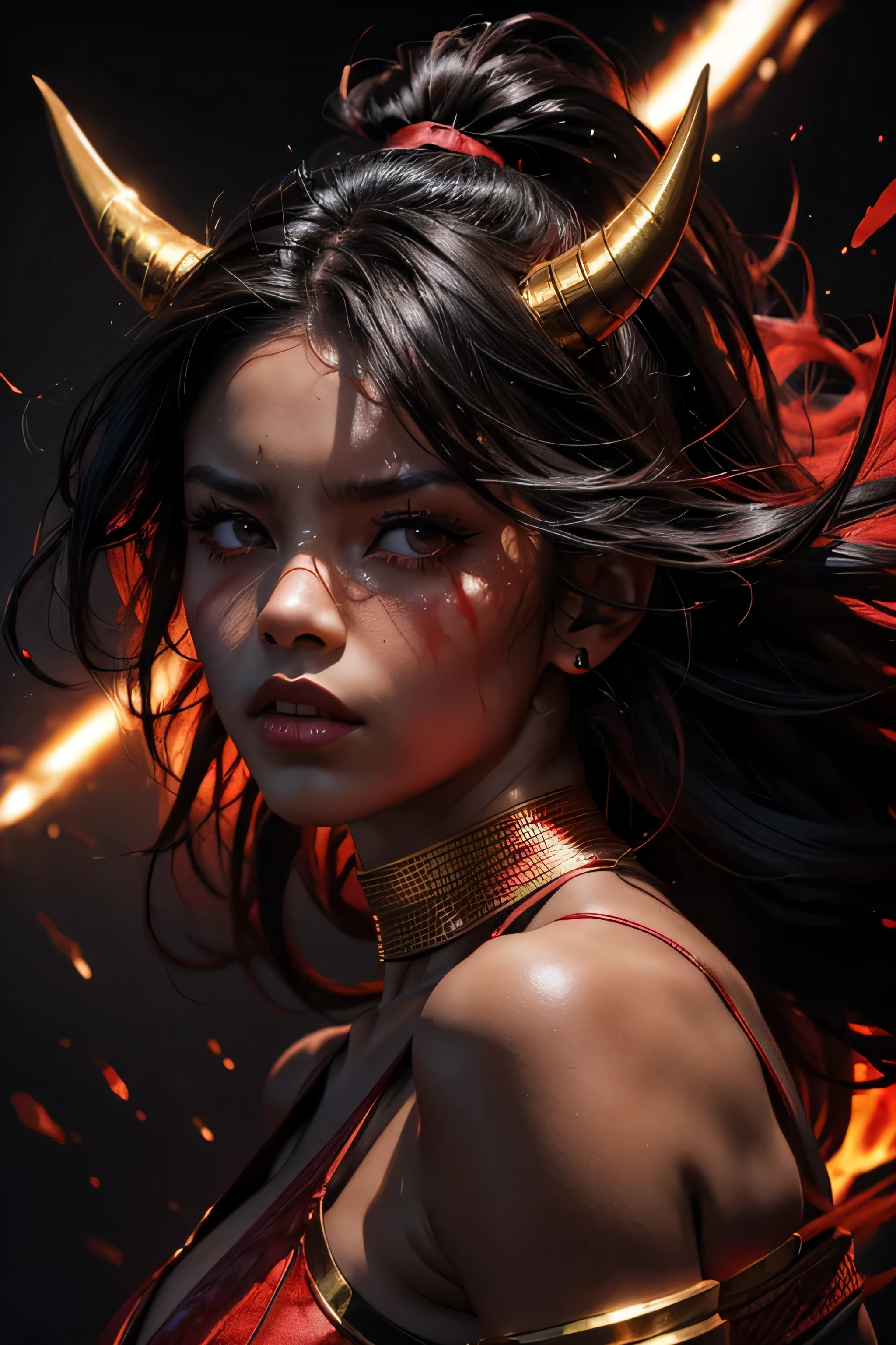 (highest quality,4K,8K,High resolution,masterpiece:1.2),super detailed,(realistic,photorealistic,photo-realistic:1.37),portrait,anime,red & black color palette, dramatic lighting,Female ghosts,big,sharp,fierce horns,spinning around,Missing shot,Gold Club, Strenuous movements,Energetic expression,splash of gold sparks,Shrouded in a dark fog,striking contrast between the red skin and black hair,Impactful composition, intense atmosphere