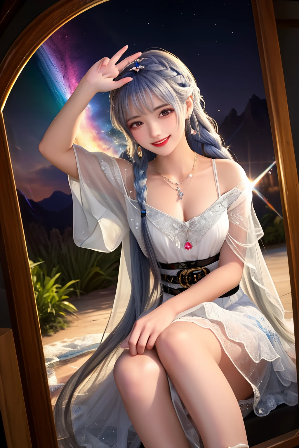 ((melhor qualidade)), ((obra de arte)), (detalhado), rosto perfeitoCreate an 18-year-old female character with a bright, smiling aura. Her hair is silver and crystallized with two Peruvian moths, one on each side, there are 3 small daisies in each braid evoking joy. His eyes shine like diamonds, reflecting the vastness of the universe and the depth of human emotions. In the middle of her forehead, a diamond shines. Her personality is outgoing and fun, lighting up the hearts of everyone she meets. She dresses in clothes made of crystal, and a diamond necklace, in the color of diamond belts, which reflect the reflections of the rainbow, symbolizing the connection between heaven and earth. The background is a magical garden.