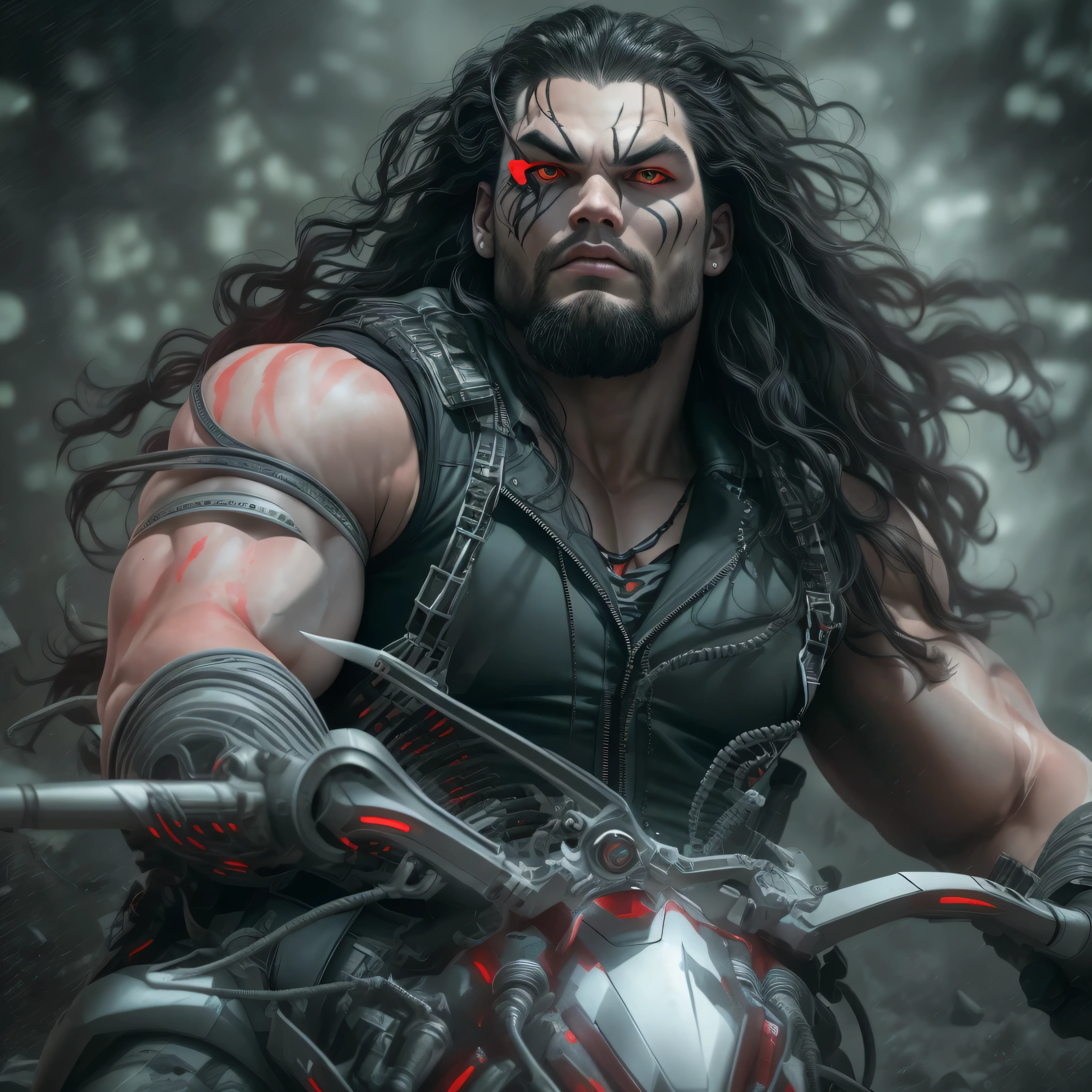 Full body image, a photo of Jason Momoa as Lobo from DC comics, muscular, ((((ghostly super pale skin)))), (((red eyes))), sleeveless black biker vest, black hair, riding space sci-fi hoverbike, Intricate, High Detail, Sharp focus, dramatic, photorealistic digital art, photo-realistic, octane render, unreal engine, ultra-realistic