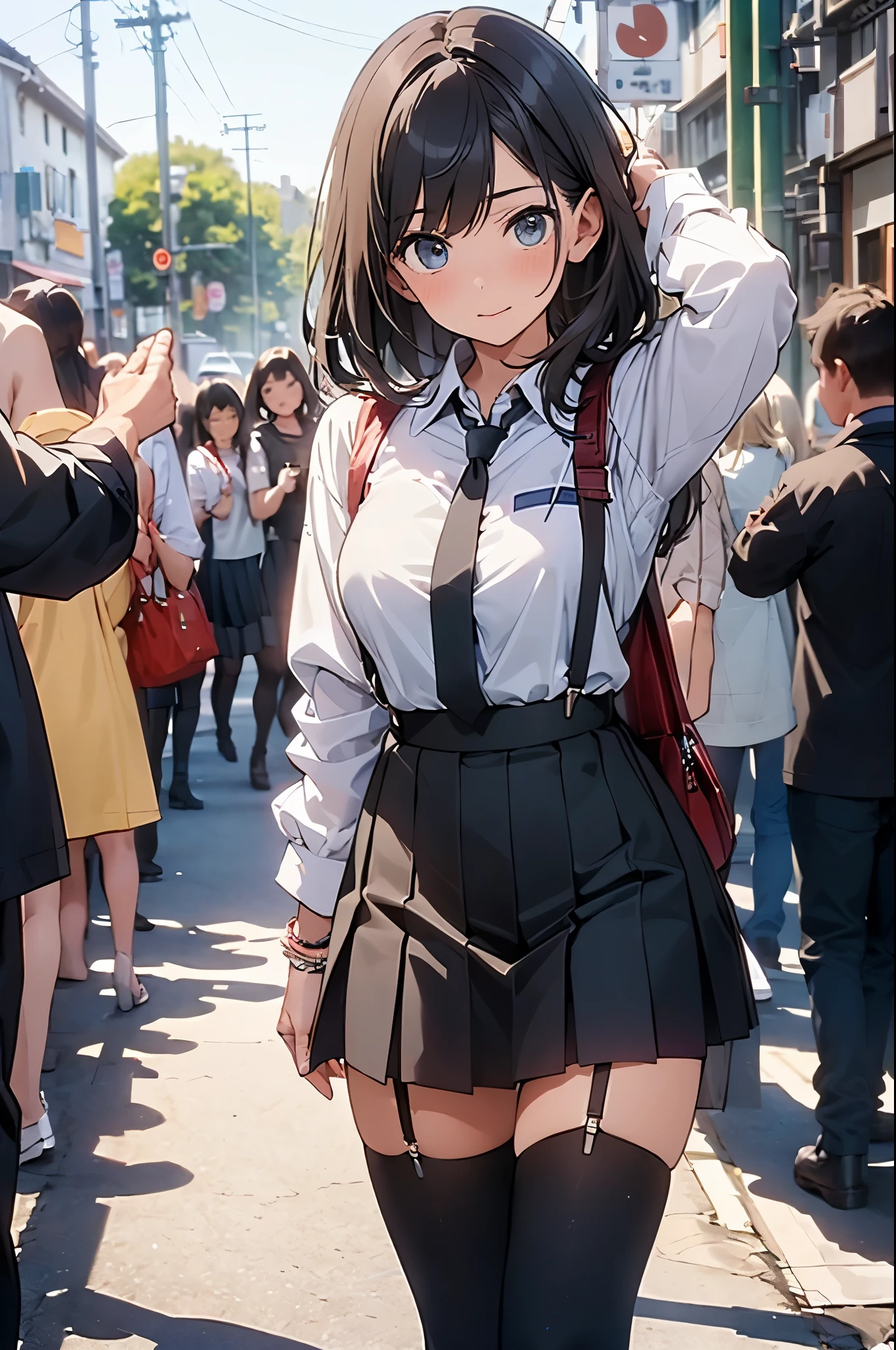 brown hair、looking at the viewer　　suspenders　　　Bulging big breasts　　 　 　　　　Black miniskirt　garter belt　knee high socks　　　　　　Gaze　　　small face　bangs 　　　　　Beauty　　hands up　　 　Gaze 　black boots 　provocation　　armpit sweat　one person 　　put your hands behind your back　cutter shirt　　Panty shot　ginka